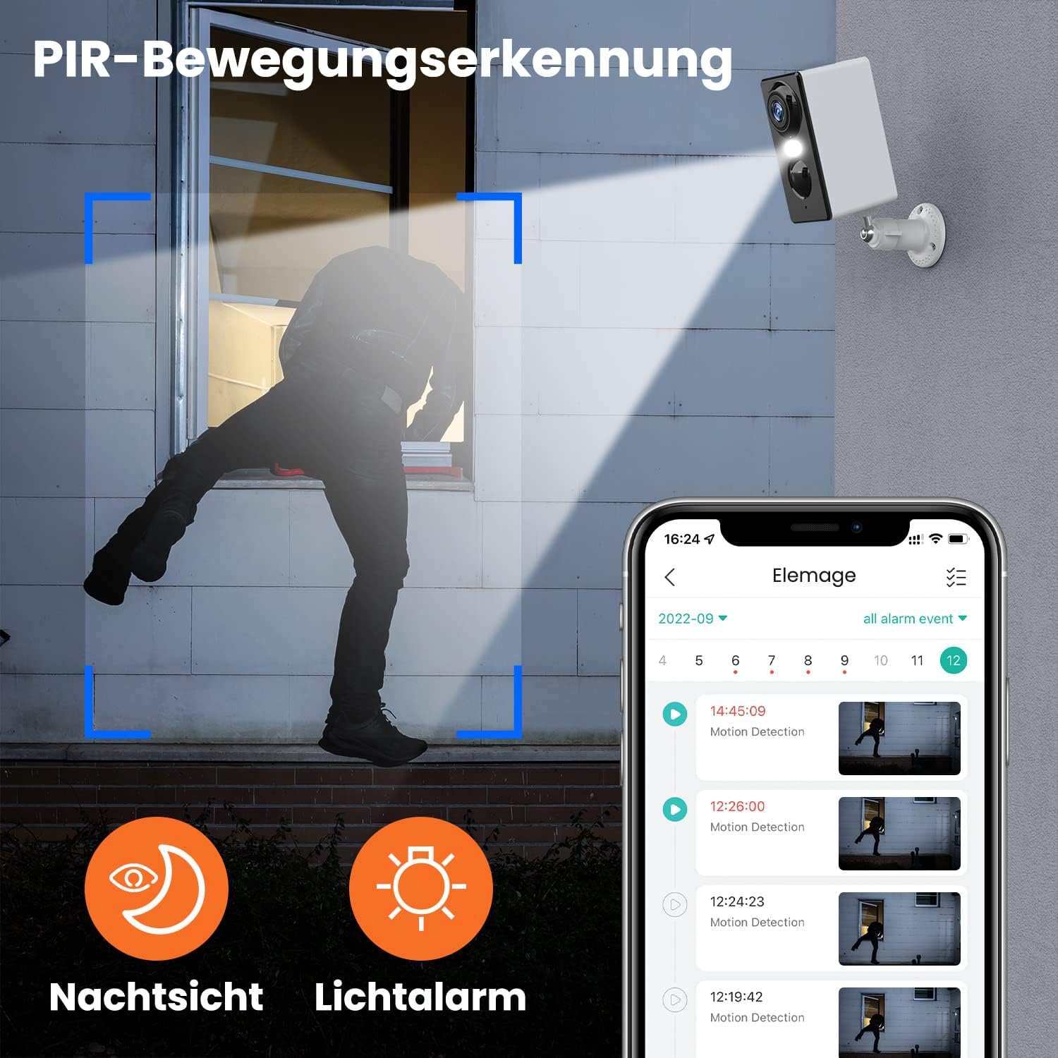 elemage 2K Outdoor Security Camera detecting motion with night vision and light alarm features