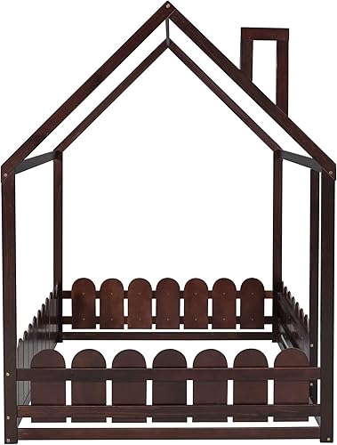 Miniatura 74 de MERITLINE Cama individual para niños, cama individual de madera para niños, cama Montessori con techo y ventana, cama de piso para niños pequeños,