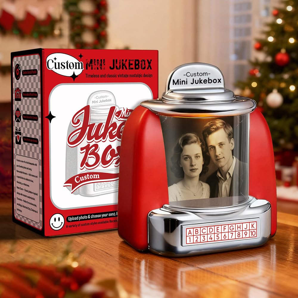 Custom Mini Jukebox Retro Speaker &ndash; Personalized Photo, Names & Date Music Player with Radio | Vintage Tabletop Home Decor | Nostalgic Christmas Valentine&rsquo;s Day Gift for Couples, Men & Women