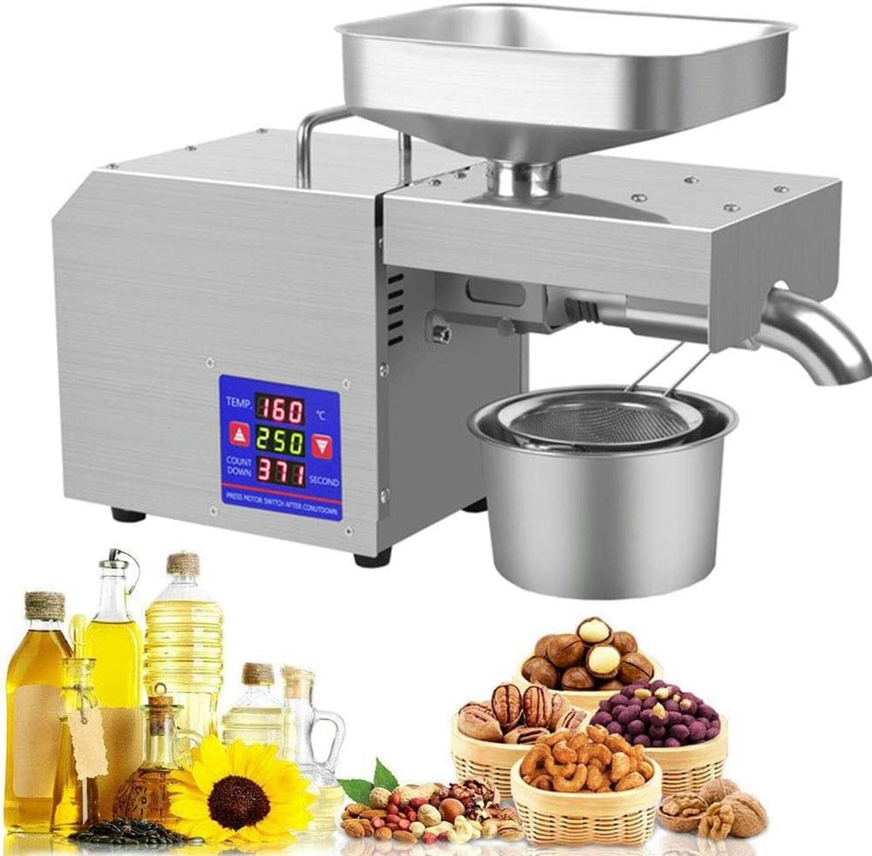 MYUYEE Automatic Oil Press Machine Cold, Hot Nut Oil Extractor Stainless Steel Home, Commercial Oil Expeller LCD Touch Screen Intelligent Temperature Control for Coconut Castor Peanuts 3-6Kg/H