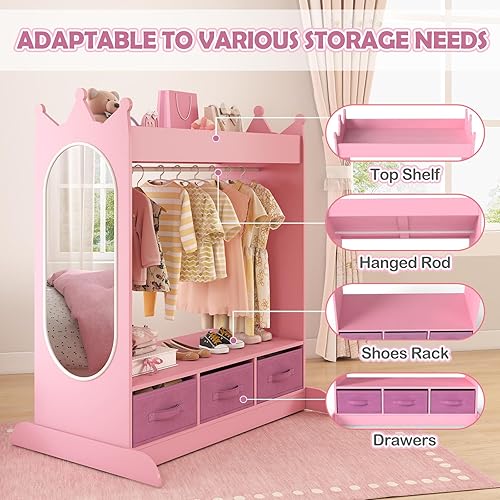 Miniatura 17 de JOYLDIAS - Armario de almacenamiento para niños con espejo y cajones, armario de almacenamiento para niños, armario de disfraces con estante