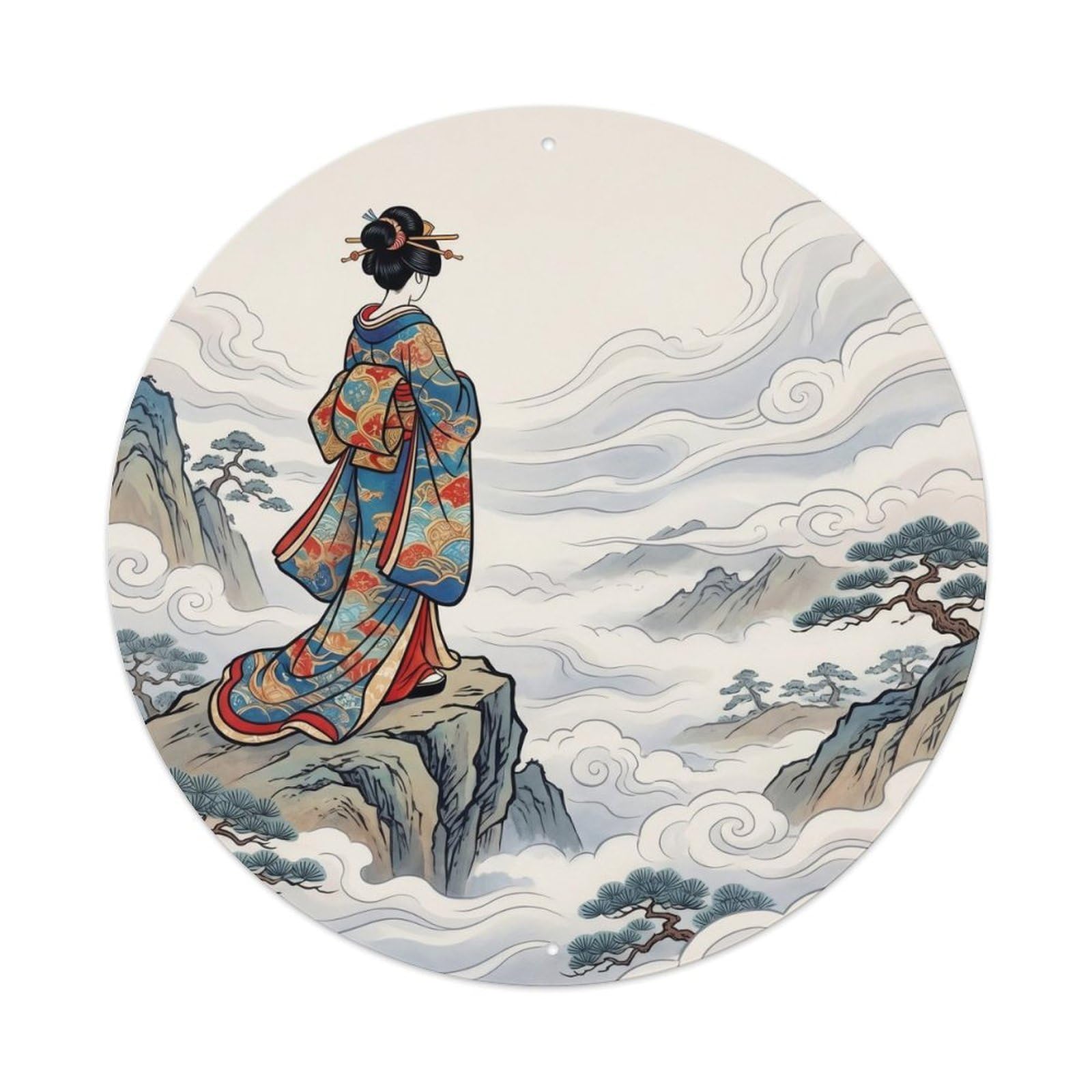 Galvaxio Style Japanese Kimono Woman Viewing Valley Mist Swirling Metal Tin Sign