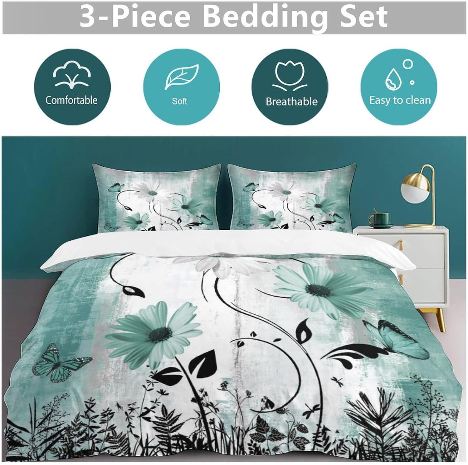 Rustic Farmhouse Daisy Flower Comforter Set Teal Daisy Floral Flowers and Butterfly Turquoise Printed Bedding Set with 1 Comforter and 2 Pillowcases for Girls Bedroom 79x90in (Without Liner)