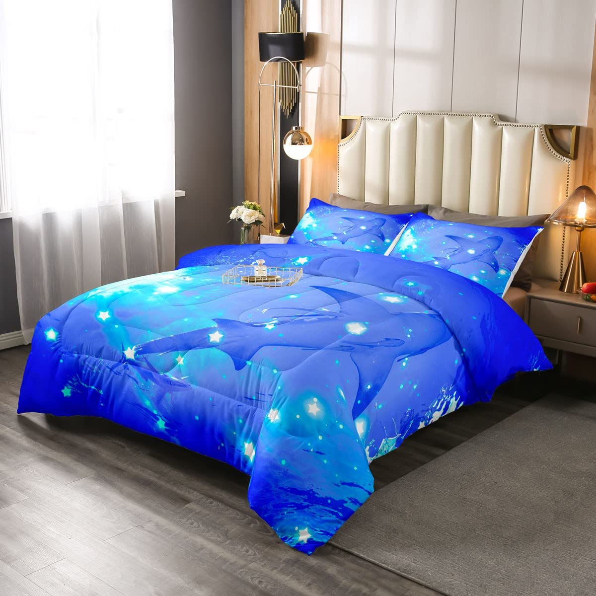 Loussiesd Dolphin Bedding Set Ocean Marine For Kids Child Teens Sea Creatures Duvet Set Shining Stars Down Comforter Blue Quilt Set Single Size