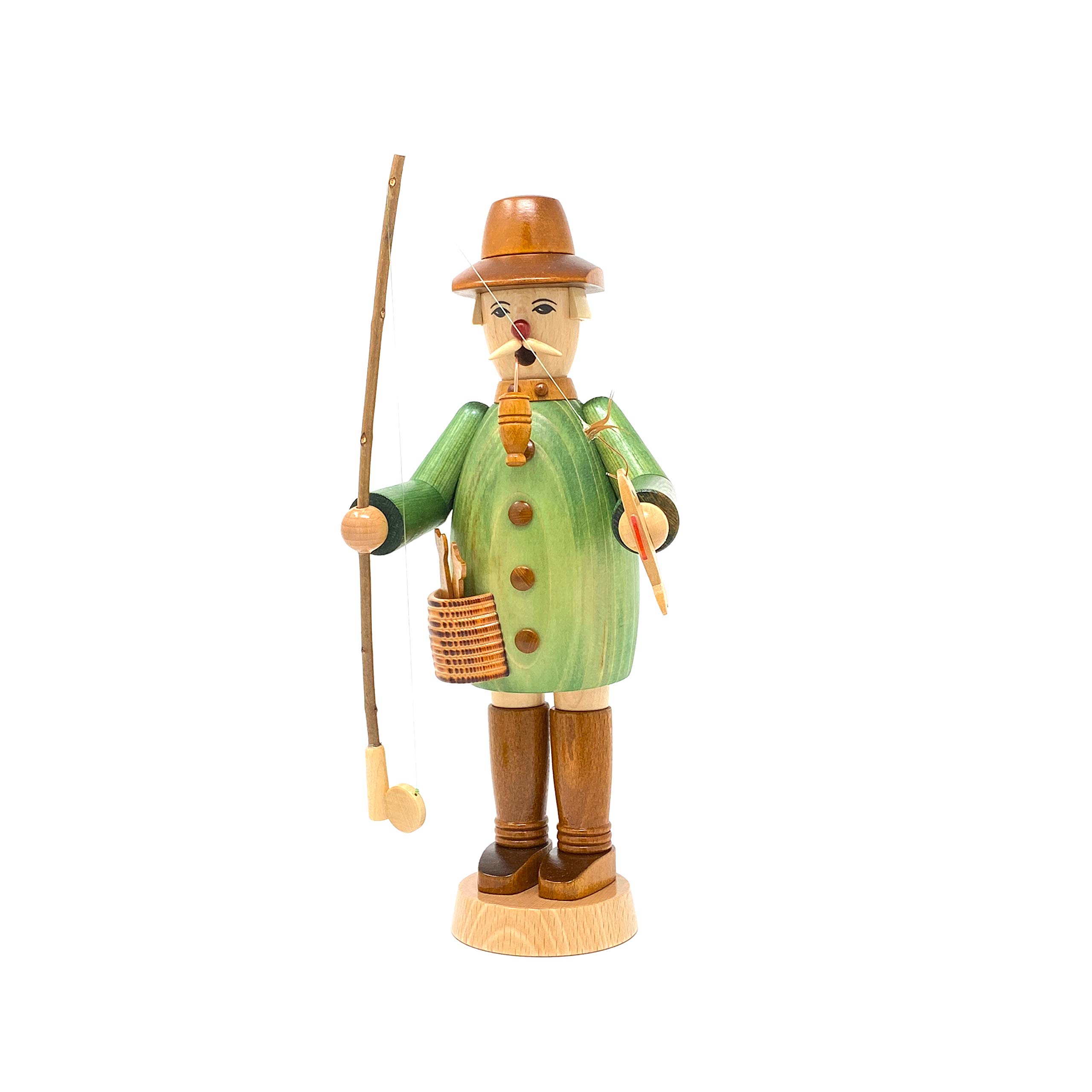 Drechslerei Friedbert Uhlig, Räuchermännchen Nr. 008/g, Angler, grün gebeizt, 25 cm hoch, aus regionalem Holz gedrechselt, echte Handarbeit aus dem Erzgebirge, Weihnachten, Holzkunst, Echtholz