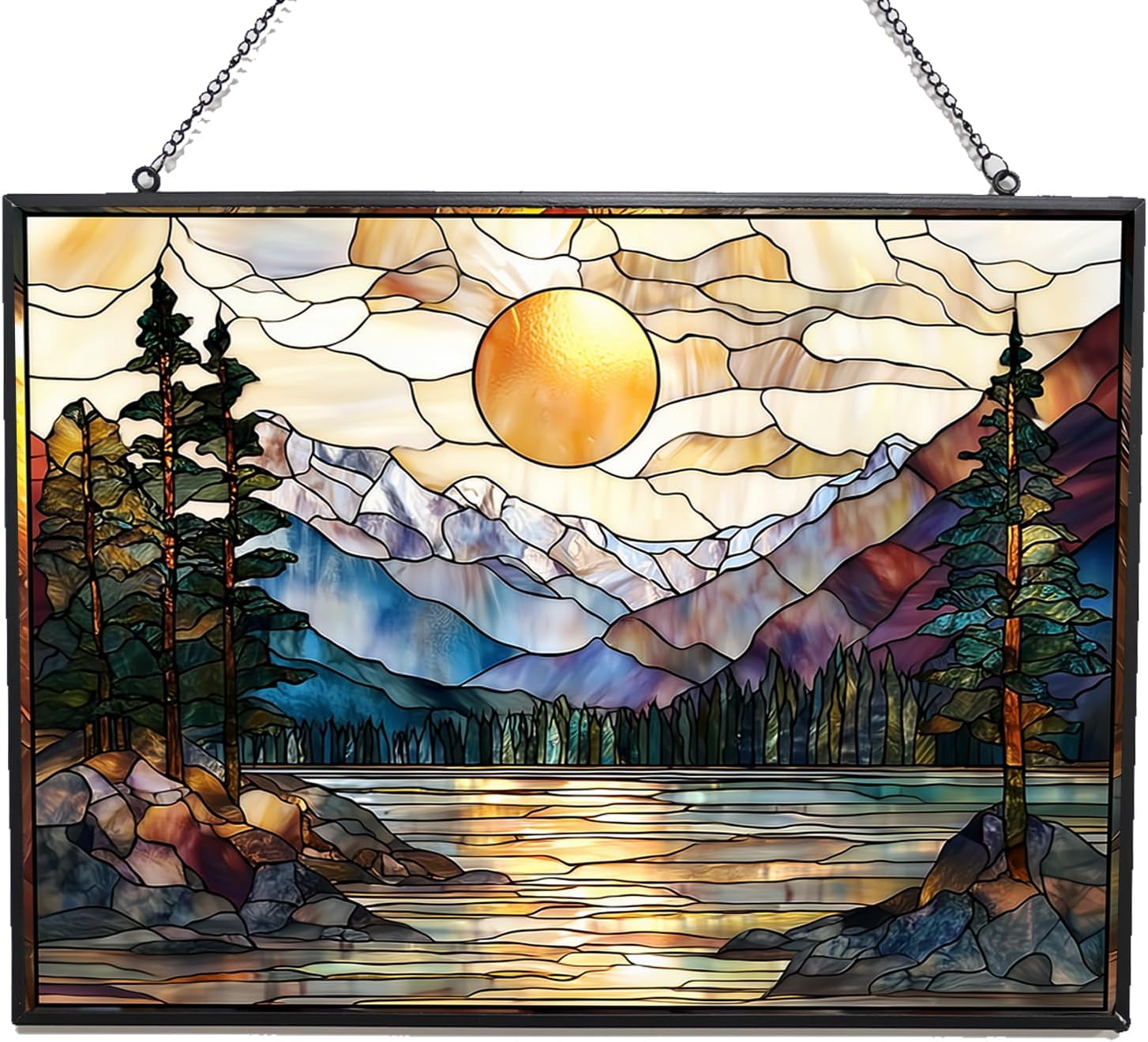 Customized Rectangle Vintage Sunset in The Forest Stained Glass Window Hanging, Suncatcher for Women, Stained Glass Window Decor Perfect Home Décor