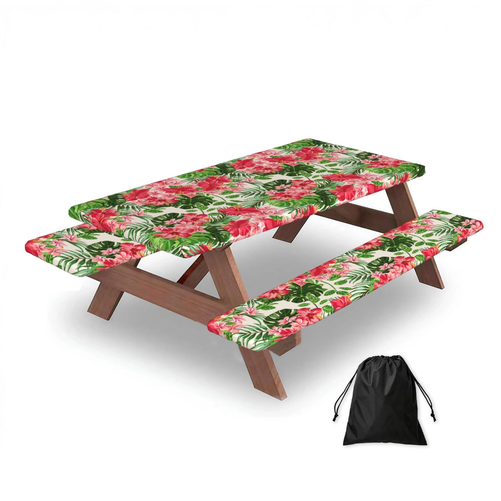 Dopklna As Picture Exotic Tropical Leaves Flowers Floral Vintage, Picnic Table Cover With Bench Covers -Waterproof Elastic Fitted Tablecloth For Garden Camping Patio 76X152cm