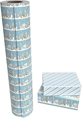 Vista 196 de WRAPAHOLIC Papel de regalo reversible de Navidad, mini rollo, 17 pulgadas x 33 pies, diseño de gnomo azul morado y cuadros con brillo metálico