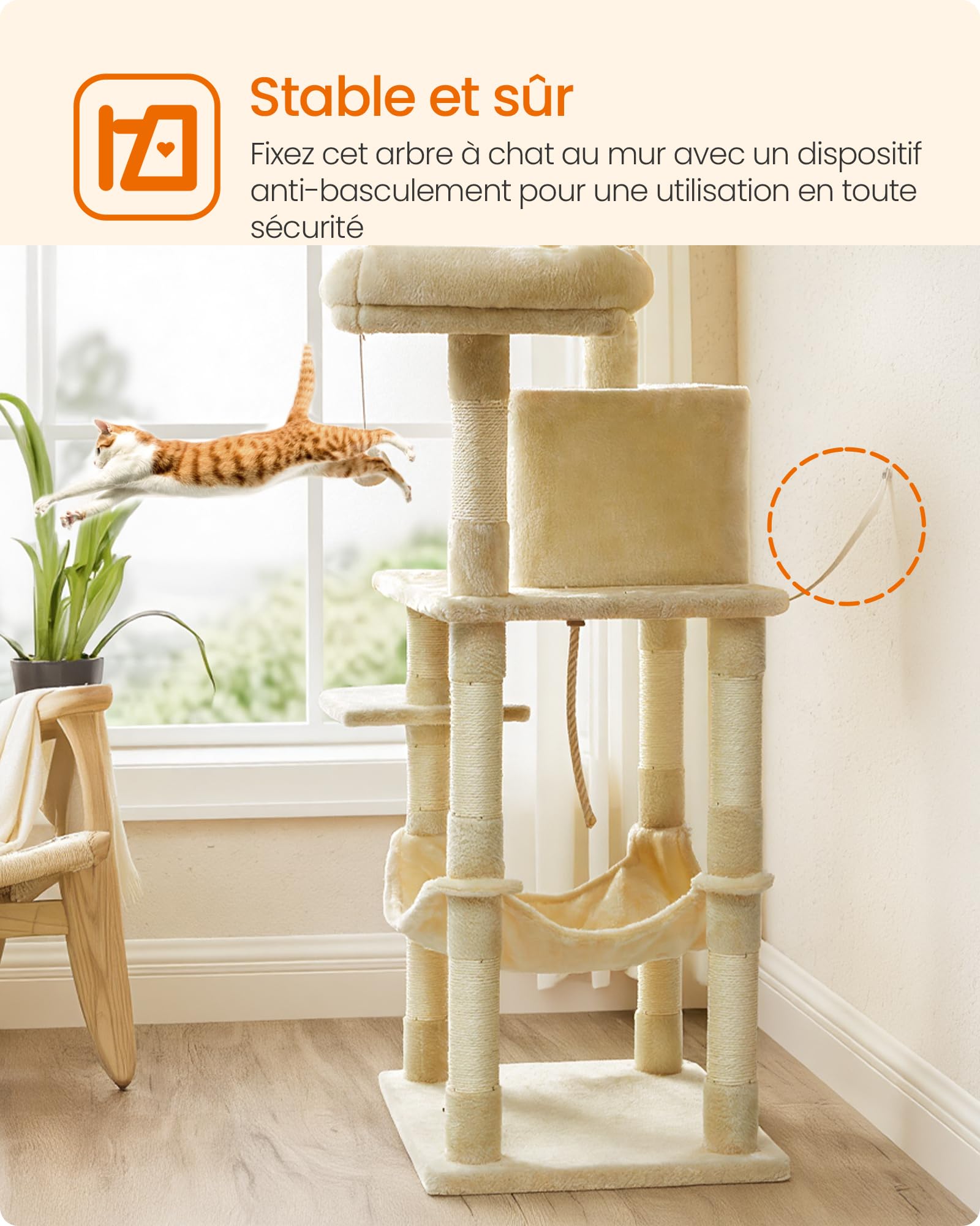 Feandrea Arbre à Chat Hauteur 143 cm, Tour de Jeux pour Chat, avec 11 Poteaux à Griffer, 2 Plateformes, 1 Niche, 1 Hamac, 2 Pompons, en Tissu Peluche, Plusieurs Niveaux, Beige PCT15BE