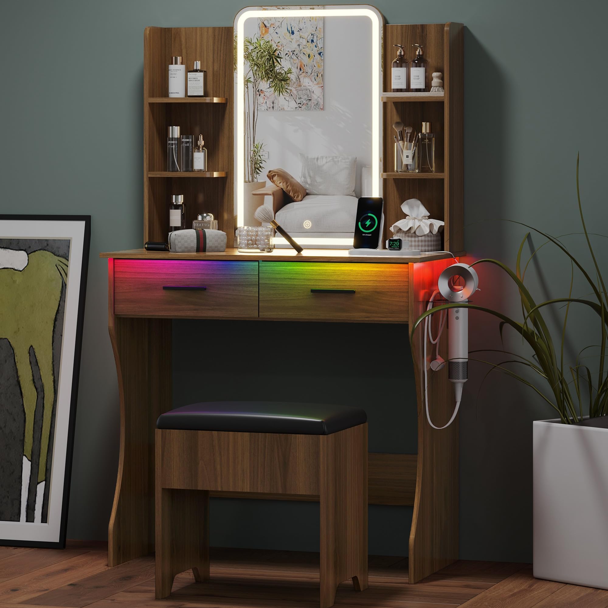 Small Vanity Desk with Mirror and Lights, Makeup Vanity with LED Lights, Walnut Vanity Mirror with Lighted Desk and Chair, 3 Lighting Adjustable Compact Dressing Table with Mirror for Women, Girls