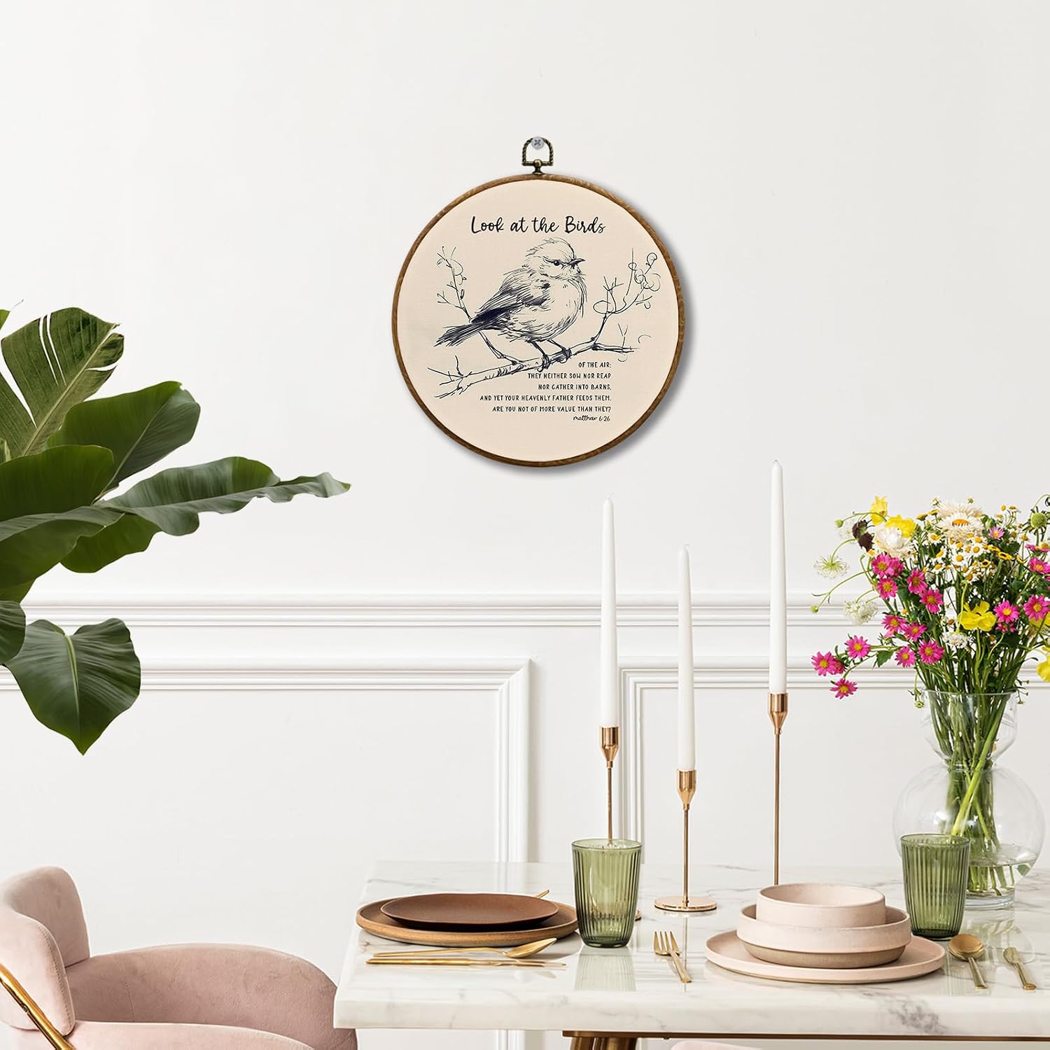 JUIOEIU Christian Bird Round Wall Decor, Vintage Sparrow Bird Matthew 6:26 Bible Verse Framed Canvas Prints, Religious Scripture Wall Art Hanging Decorations for Home Bedroom Decor, 10x10in