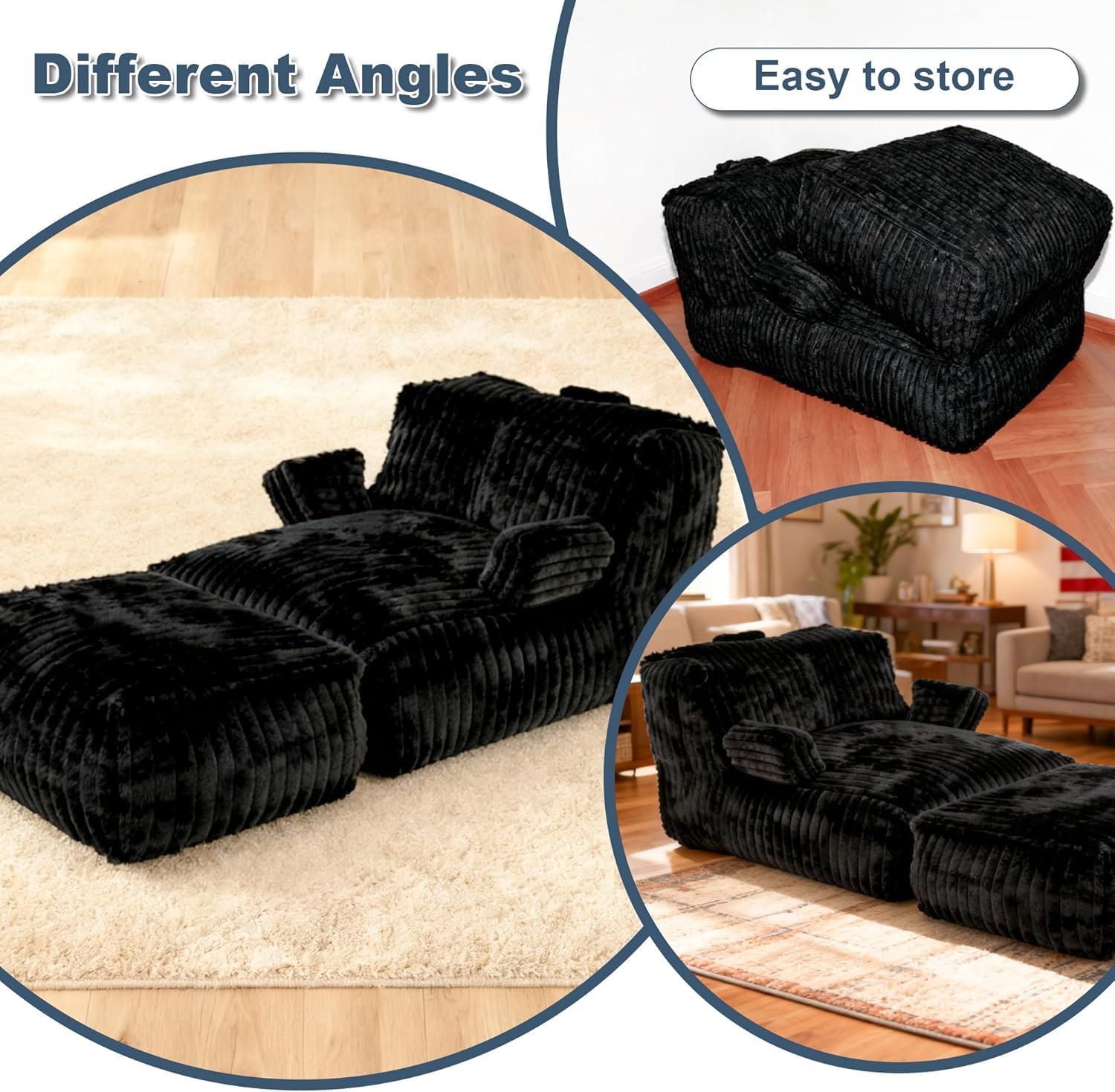 Bean Bag Chair - Large Bean Bag Loungers Chairs for Adults, Teens, and Children.Bean Bag Sofa with Memory Foam Filled and Armrests for Living Rooms, Bedroom, Dorm, or Balcony (Stripe Black)