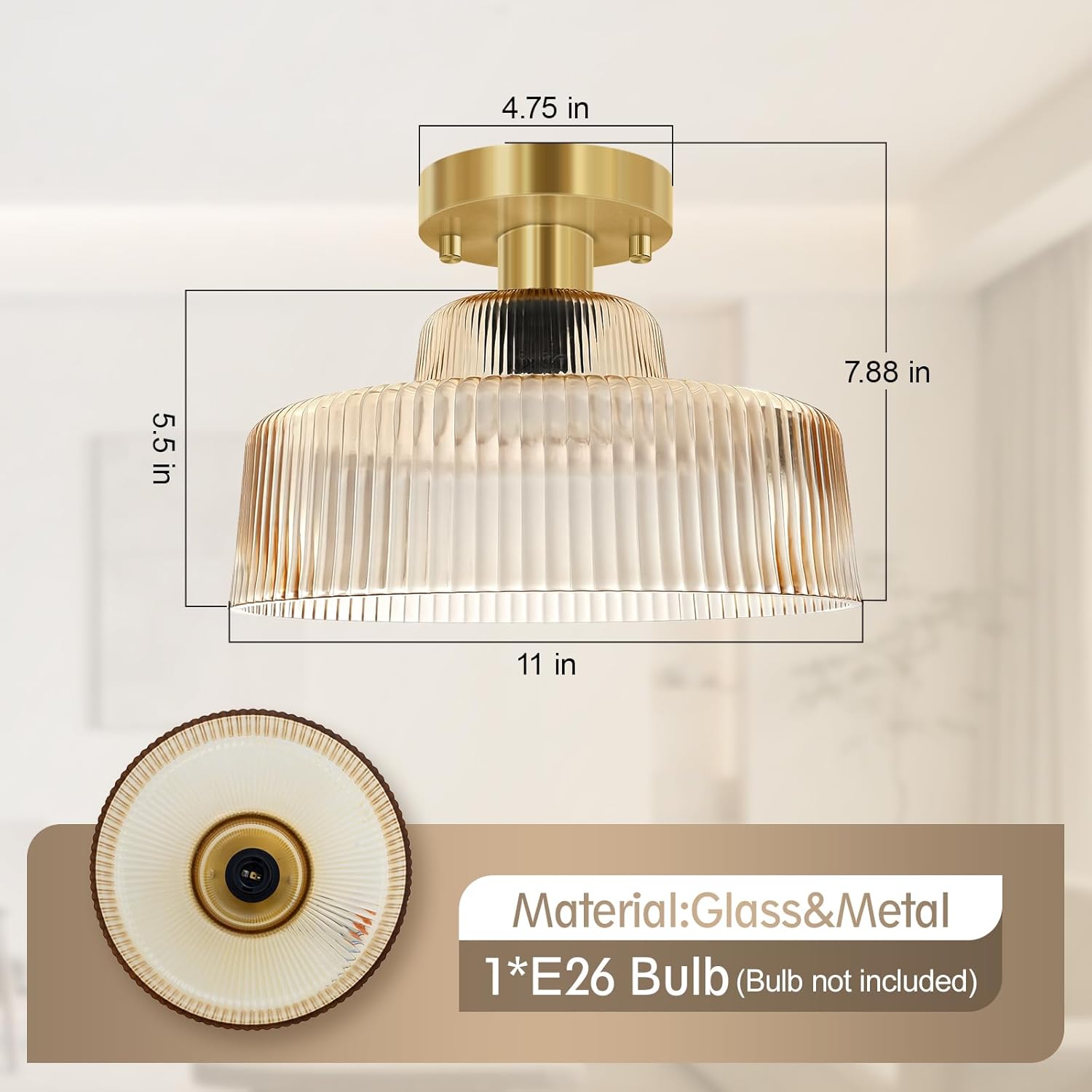 BoostArea Industrial Semi Flush Mount Ceiling Light,Vintage Hanging Ceiling Lamp with Glass Shade, Farmhouse Light Fixture for Porch Hallway Corridor Kitchen Bathroom Bedroom, Bulb Not Included