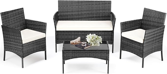 DUMOS Patio Furniture Set 4 Pieces, Outdoor Wicker Furniture with Coffee Table, Modern Rattan Patio Chairs Conversation Sets with Sofa for Garden, Terrace, Porch, Balconies, Lawns, Black
