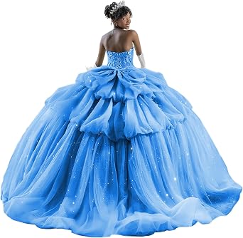 XYAYE Strapless Tulle Quinceanera Dresses with Bow Tiered Tulle Sweet 16 Dress Layered Beaded Vestidos de Quinceaneras