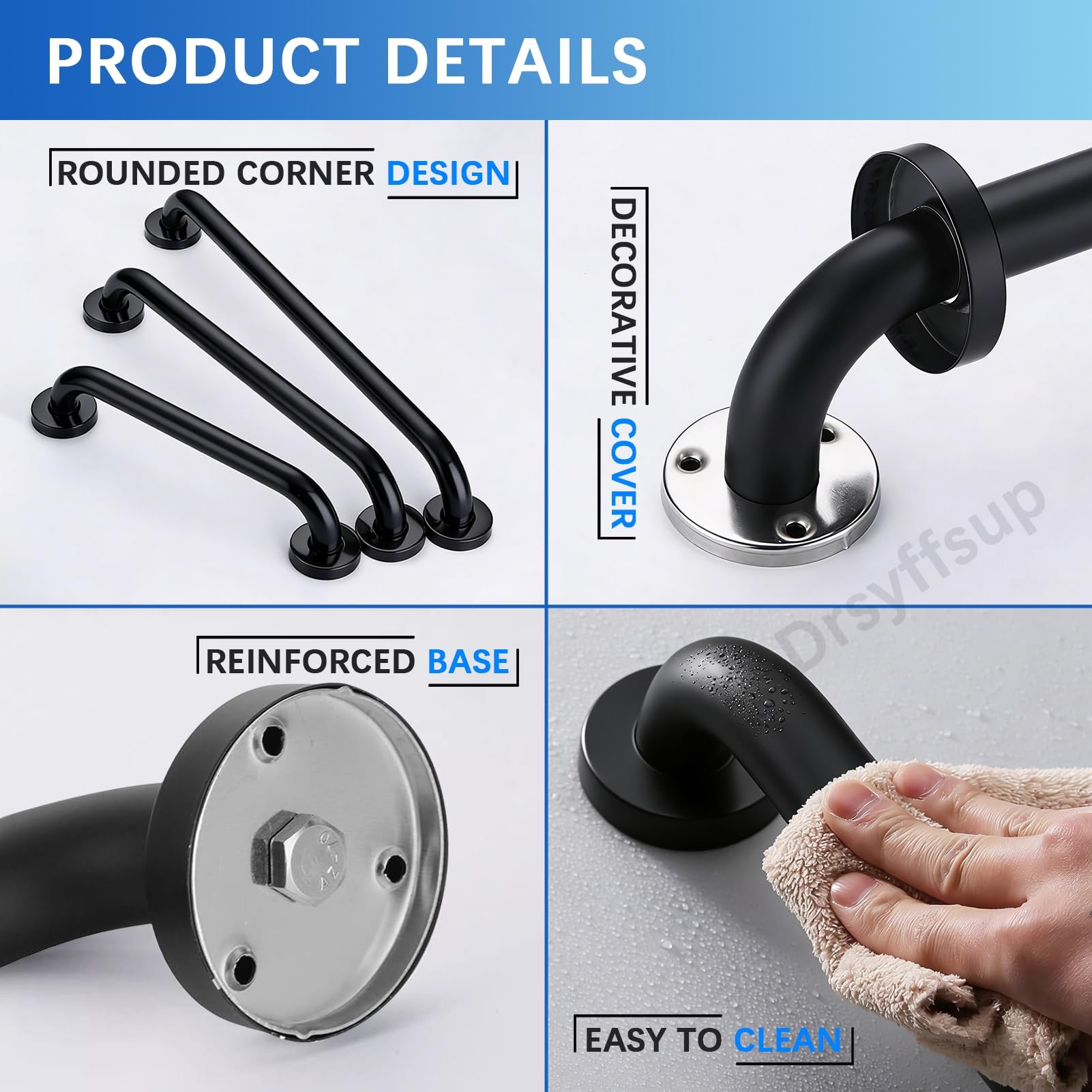 Maniglione di Sicurezza per Bagno Nero, Maniglie per Maniglie per Doccia Antiscivolo in Acciaio Inossidabile 304 per Anziani, Portasciugamani, Disabili, Feriti o Post-operatori(80cm)