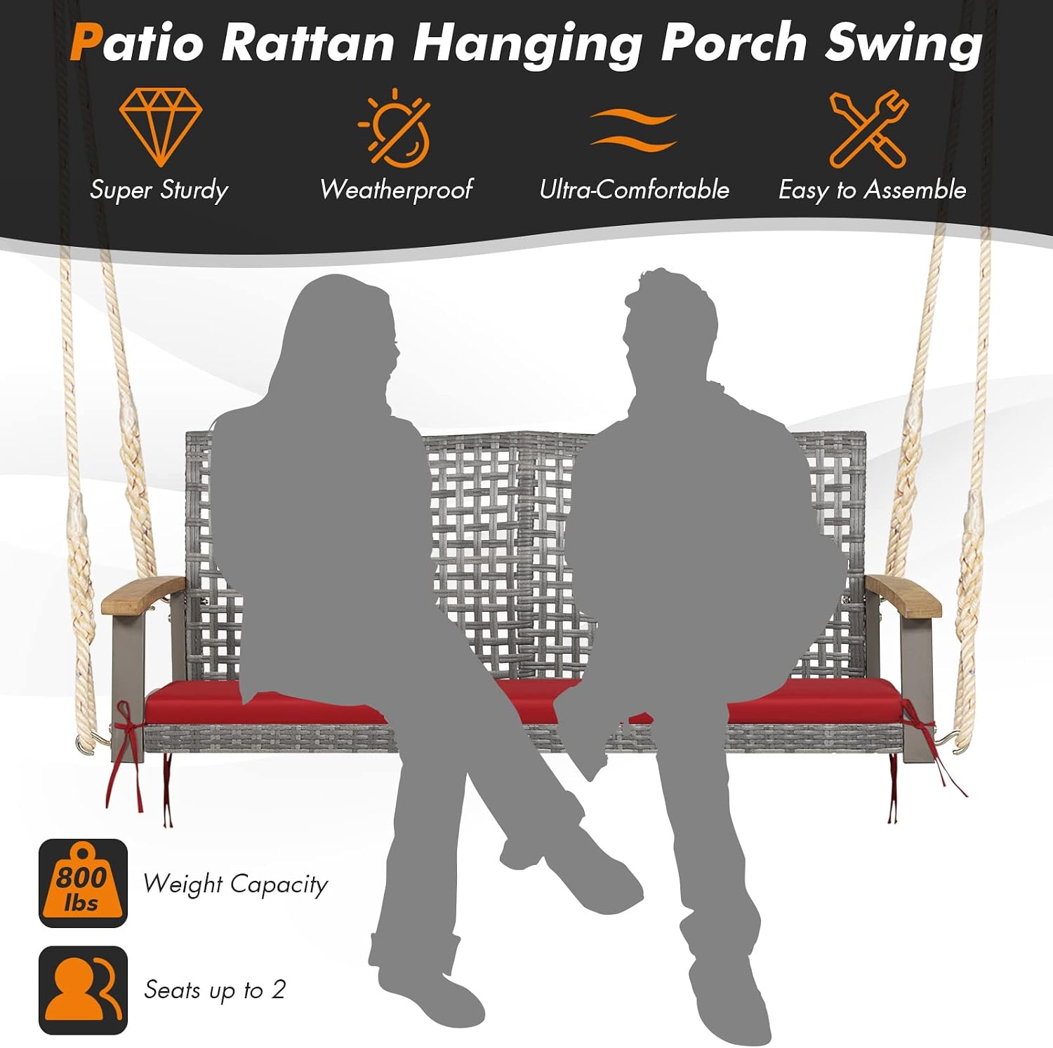 DORTALA Hanging Porch Swing, 2 Person Outdoor Wicker Rattan Swing Chair Bench with Cushion, Ropes for Patio, Garden, Backyard, Mix Grey+Red