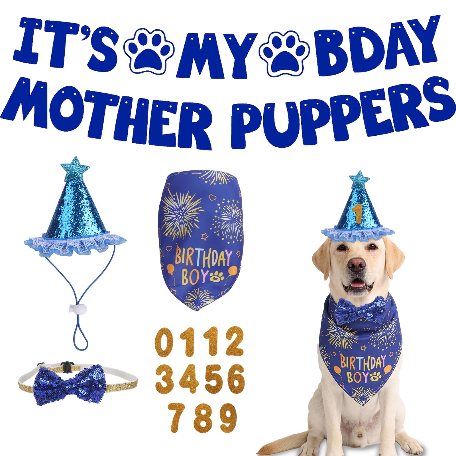 Dog Birthday Decorations, Blue Dog Birthday Hat Set with Numbers Happy Birthday Banner Bandana and Cute Bowtie for Medium Large Pet Dogs