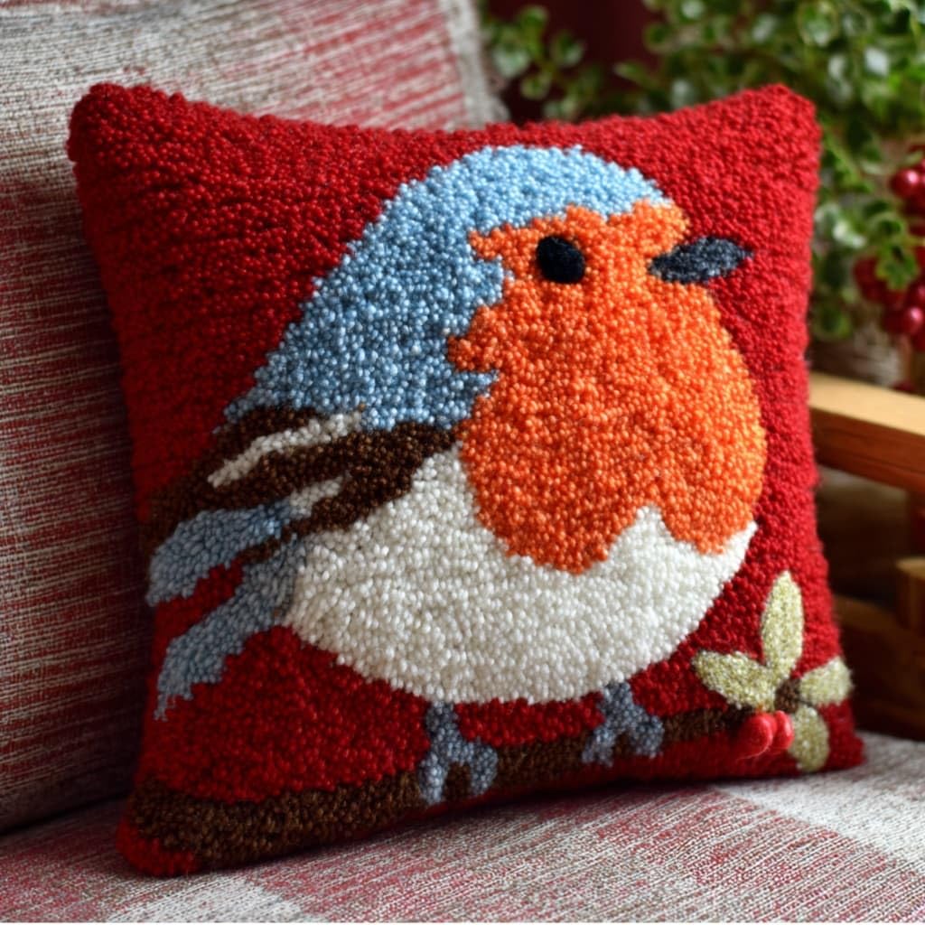 AxiangziK Latch Hook Pillow Kit,Robin DIY Cushion Cover 43X43Cm