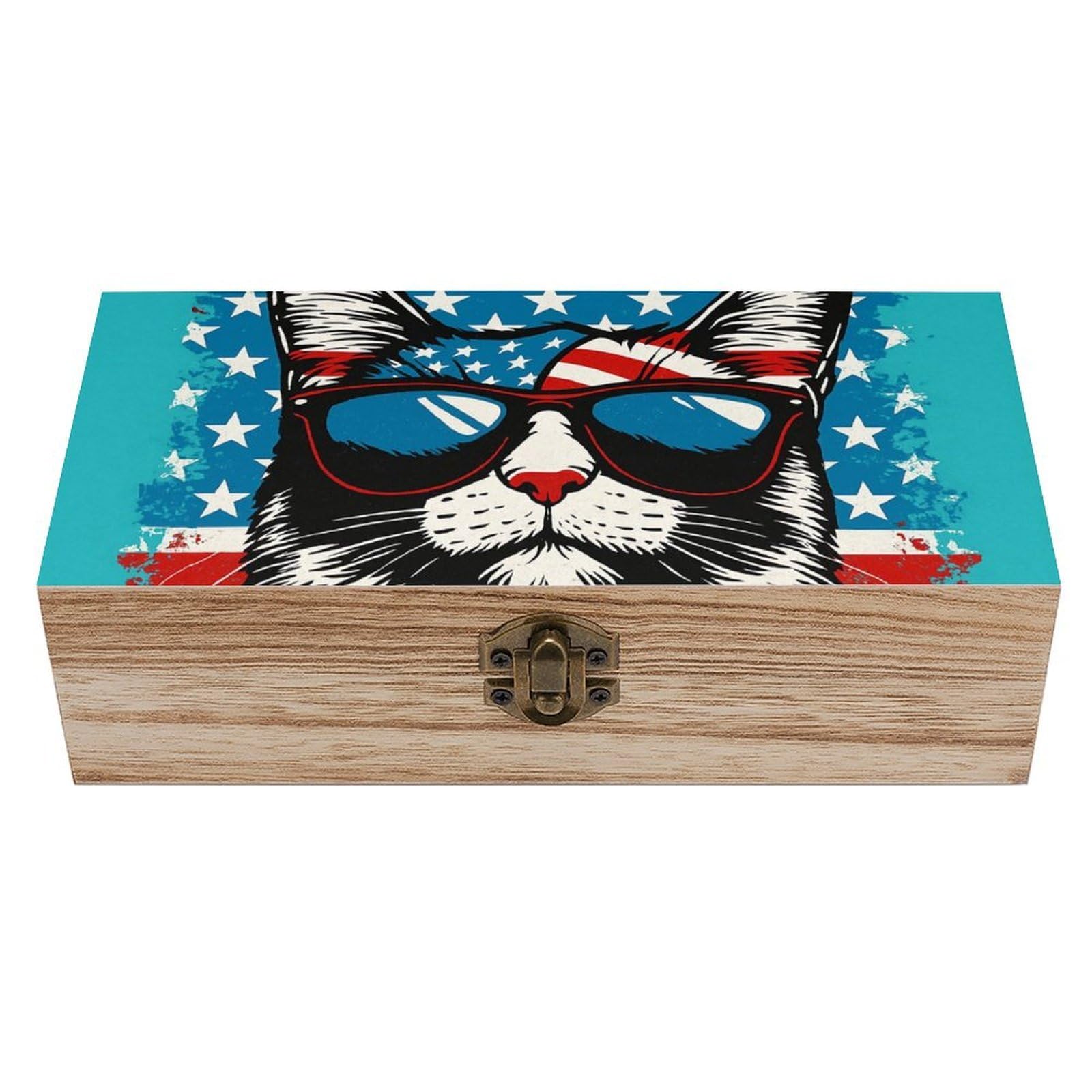 Oudrspo American Flag Cat Retro Wooden Storage Box Keepsake Jewelry Decorative Art Storages Box Gift Boxs