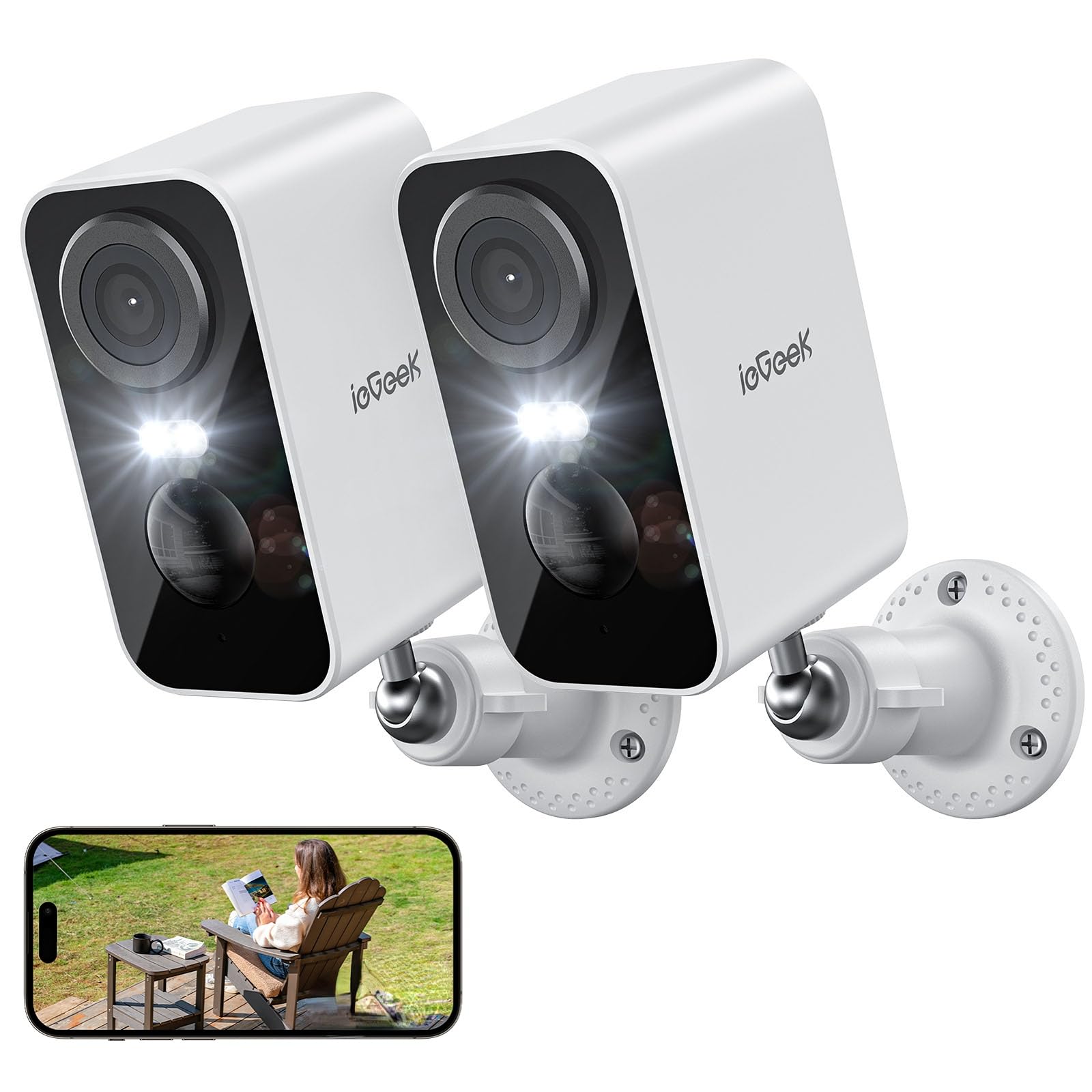 ieGeek 2K Telecamera Wi-Fi Esterno/Interno Senza Fili, Videocamera Sorveglianza WiFi Batteria, Rilevamento Movimento PIR, Sirena, Visione Notturna a Colori, 2 Vie Audio, Locale/Cloud, 2 pz