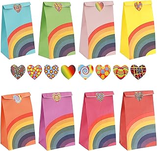 Herefun Regalo Borse Arcobaleno, 48 Pezzi Caramella Sacchetto di Carta Kraft, Sacchetti di Carta con 100 Adesivi, Borsa da Festa Colorata per Bambini Feste di Compleanno, 8 Colori