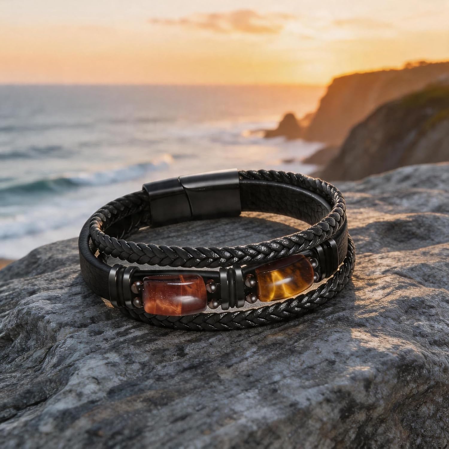 Tiger Eye Black Leather Bracelet Men Natural Tiger Eye Gemstone Crystal Stone Jewelry Handmade Courage And Stress Relief Protection Bracelet