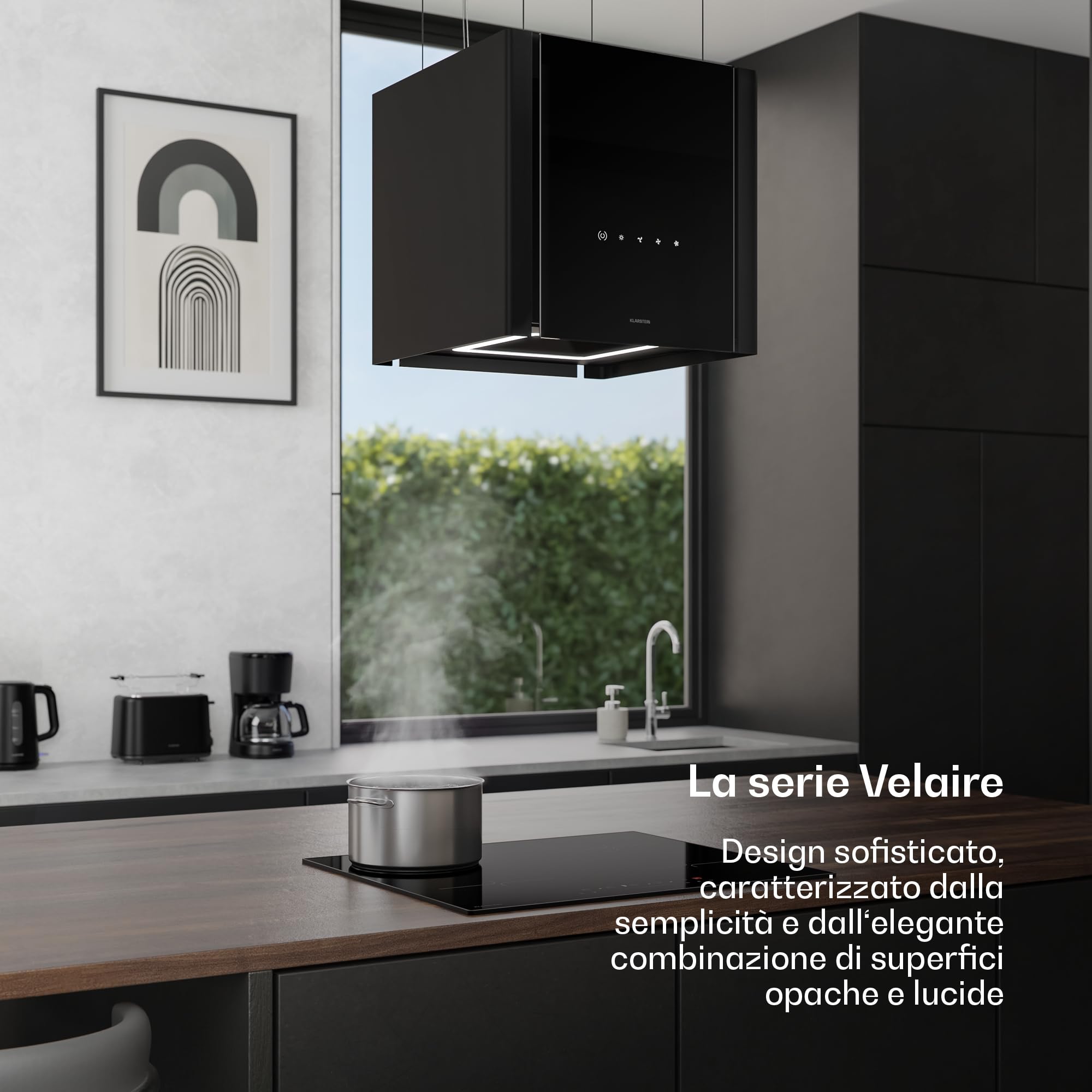 Klarstein Velaire - Cappa Aspirante a Soffitto - 601 m³/ora, Efficienza A++, Touch, LED, Filtro a Carboni Attivi, 41x41x40 cm, Cappa Filtrante da Cucina Sospesa, Nera