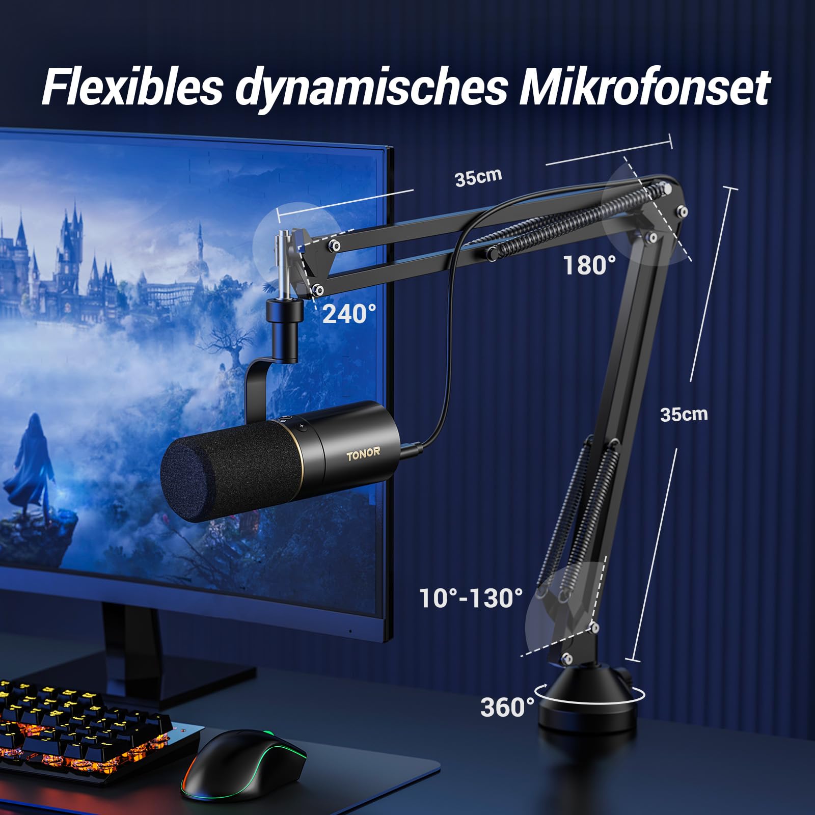 TONOR Dynamisches Microphone mit XLR/USB Kabel, Mikro PC mit Mute Button, Vocal Mic Gesangsmikrofon für Podcast, Streaming, Gaming, Studio und Aufnahme, mit Hight Profile Mikrofonarm, Schwarz, TD510+