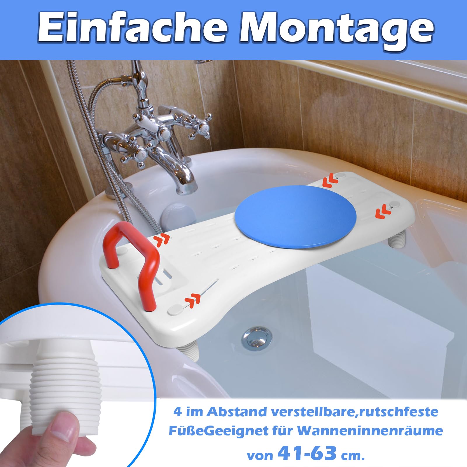 LZQ Badewannenbrett Badewannensitz Senioren mit 360º Drehscheibe, Rot Griff und Seifenablage, Einstellbar Wannensitz Sitzbrett für Badewanne für Erwachsene Tragkraft 150kg