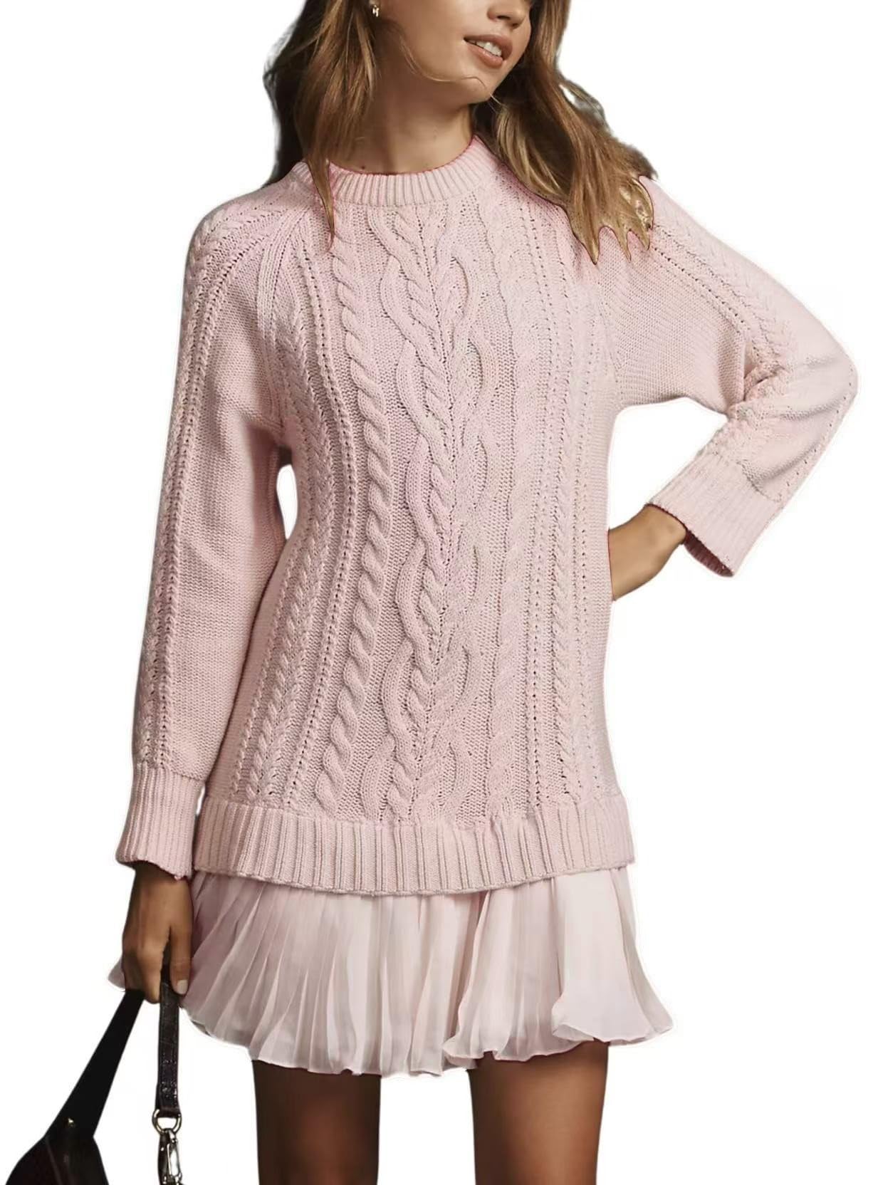 WINKEEY Vestito Donna Invernale Abito a Maglia Manica Lunga Mini Abito Elegante Maglione Lavorato Tinta Unita