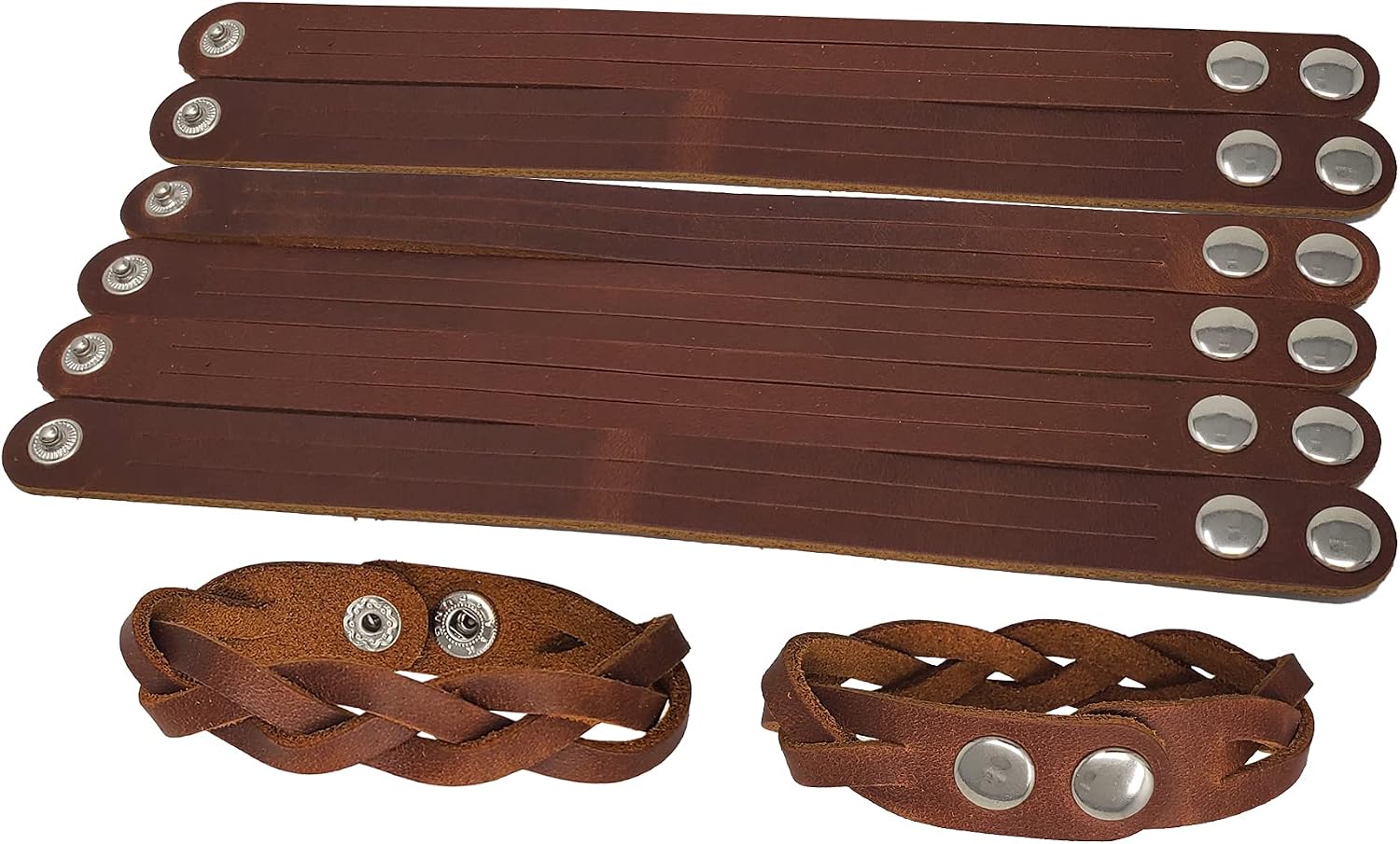 8 Brown Mystery Braid Leather Bracelets-Adjustable Braiding Ready Leather Bracelets - Leather Craft Projects for Summer Camps- No Tools Required - Made in USA