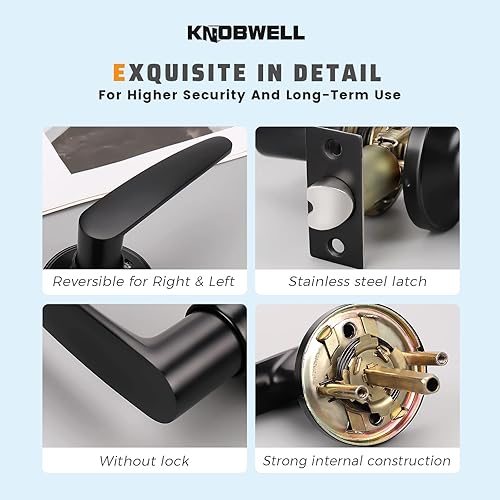 Miniatura 6 de KNOBWELL Paquete de 10 manijas modernas para puerta interior color negro mate, pomo de puerta de armario con palancas rectas (sin pestillo, sin