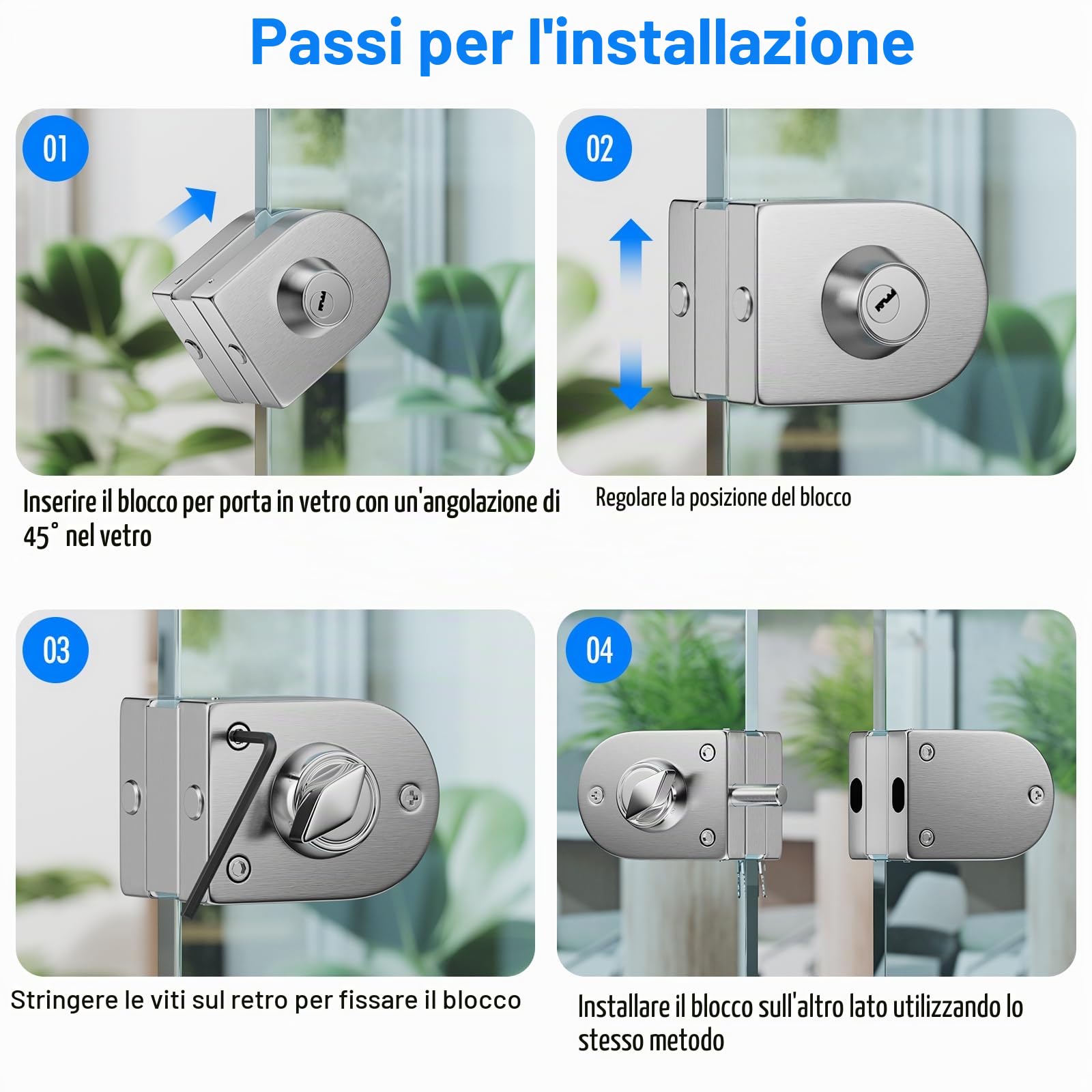 Serratura per porta in vetro senza fori, finitura in nichel spazzolato, con chiave e pomello, compatibile con vetro temperato 10-12 mm, installazione rapida, design moderno, acciaio inox 304.