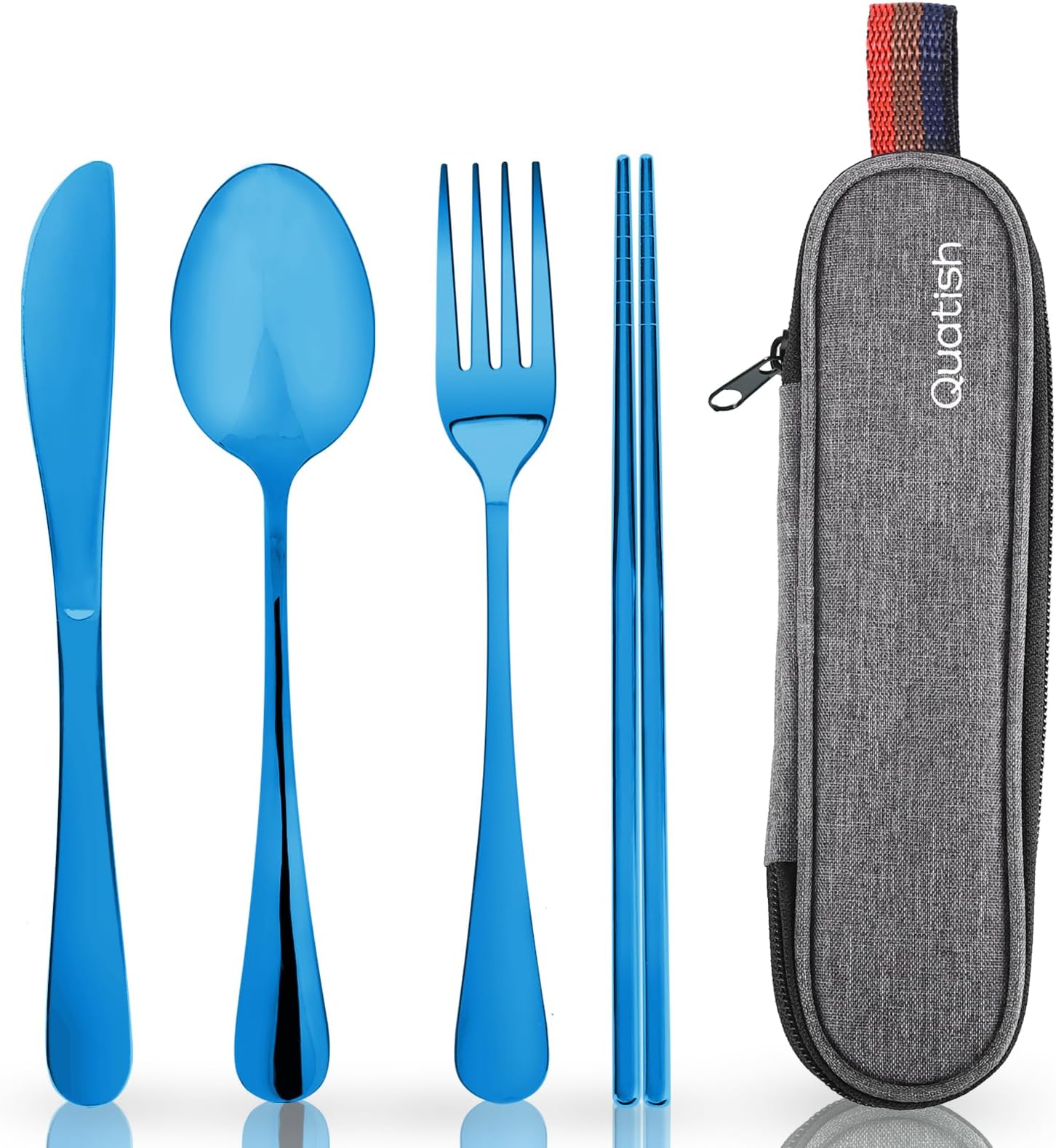Travel Utensils with Case, Quatish Portable Silverware Set for Work, Stainless Steel Reusable Travel Cutlery, Fork and Spoon Set for Camping, Picnic, Gadgets, Lunch Box for Men, Christmas Gift, Blue
