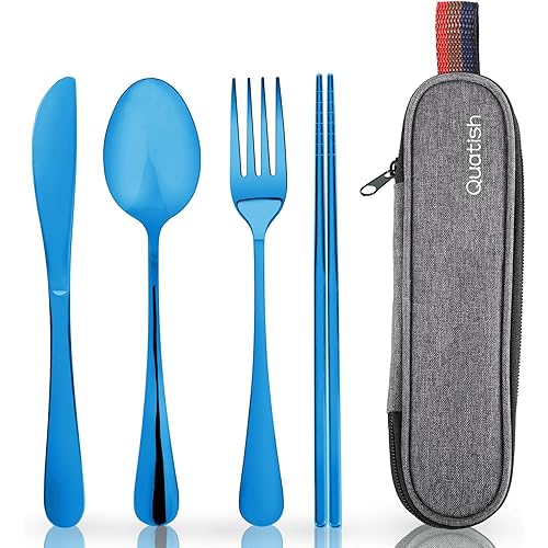 Travel Utensils with Case, Quatish Portable Silverware Set for Work, Stainless Steel Reusable Travel Cutlery, Fork and Spoon Set for Camping, Picnic, Gadgets, Lunch Box for Men, Christmas Gift, Blue