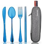Travel Utensils with Case, Quatish Portable Silverware Set for Work, Stainless Steel Reusable Travel Cutlery Set, Fork and Spoon Set for Camping, Picnic, Gadgets, Lunch Box for Men, Blue