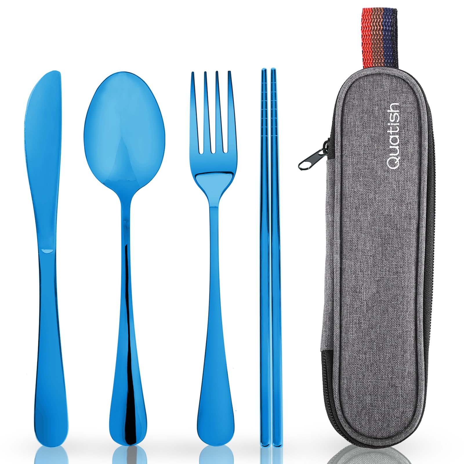 Travel Utensils with Case, Quatish Portable Silverware Set for Work, Stainless Steel Reusable Travel Cutlery, Fork and Spoon Set for Camping, Picnic, Gadgets, Lunch Box for Men, Christmas Gift, Blue