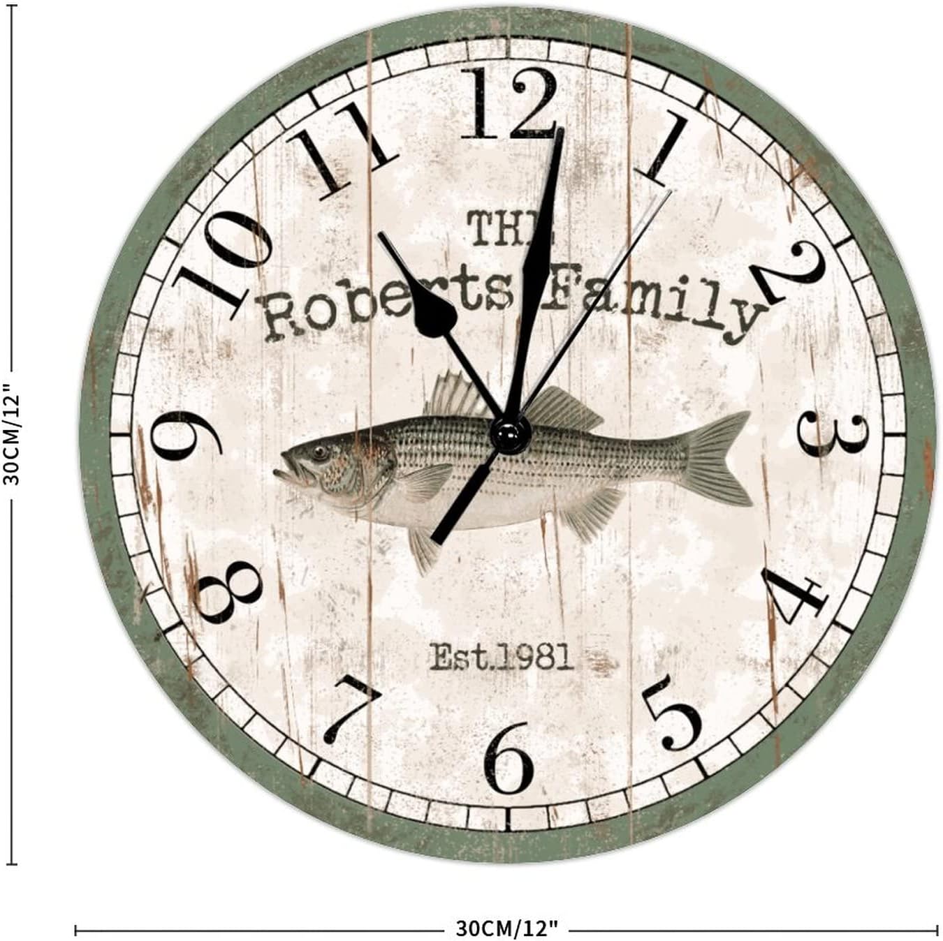 Personalized Family Custom Est Hanging Wall Clock Striped Bass Beach Decor Wood Wall Clocks Battery Operated Quartz 12Inch Clock Farmhouse Beach Home Decoration for Dinning Living Room