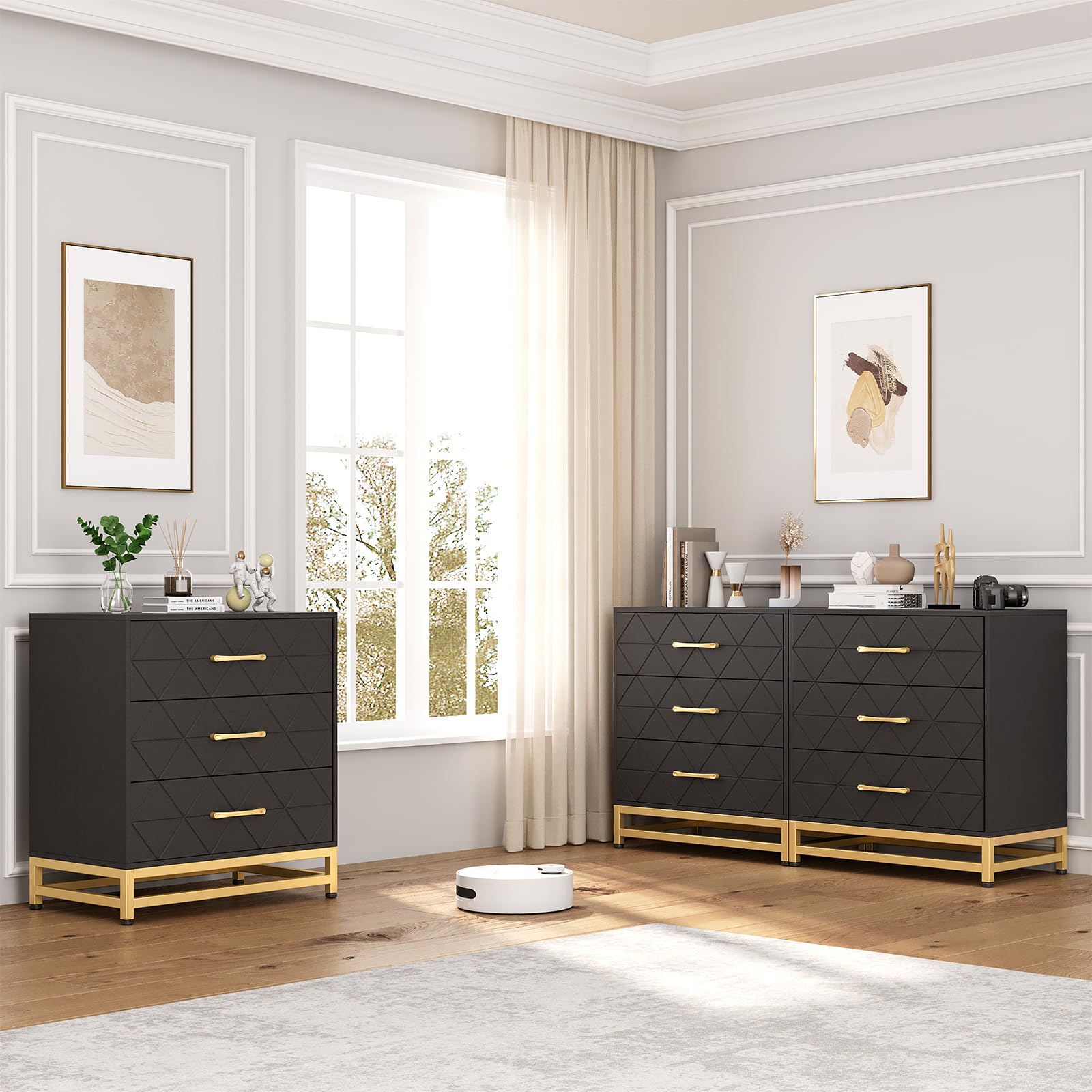 Patikuin 3 Drawer Dresser for Bedroom, Closet, Modern Bedroom Dresser with Gold Handles, Wooden Chest Drawer, Black Nightstand with Storage Drawers