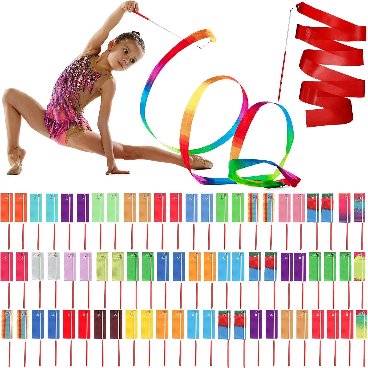 Yilloog Ribbon Dancing Wands 78.7 Inch Gymnastics Ribbon Streamers Rainbow Artistic Dancer Twirling Wands, Rainbow Birthday Decorations