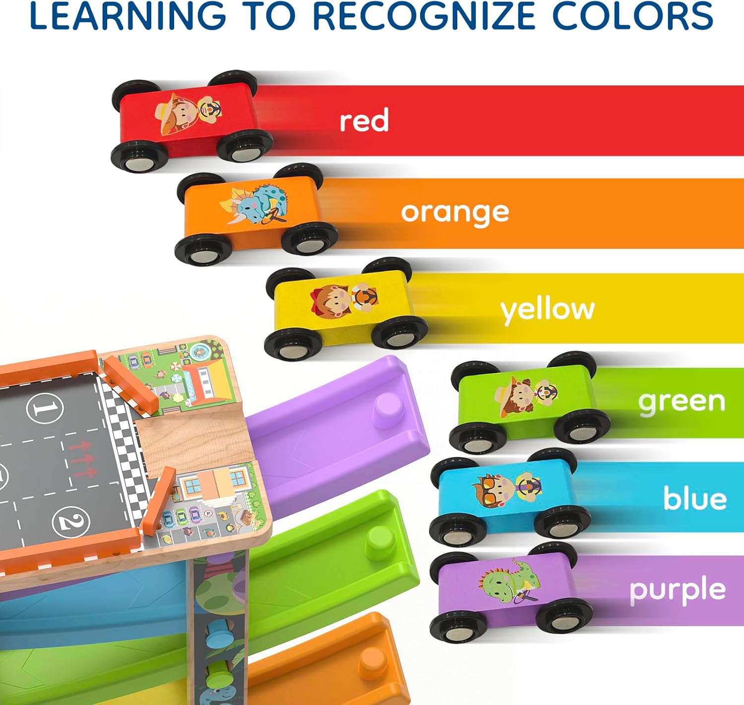 Wooden Race Track Car Ramp Racer Toy for Tollders, Dinosaur Car Ramp Toy Vehicle Playsets with 6 Mini Cars - Fine Motor Skills Toddler Toys for 2 3 Year Old Boy and Girl Birthday Gifts (Pro)