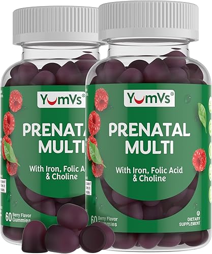 YumVs - Gomitas prenatales para mujer, vitaminas prenatales para mujeres con ácido fólico, hierro y colina, vitaminas vegetarianas y kosher para el
