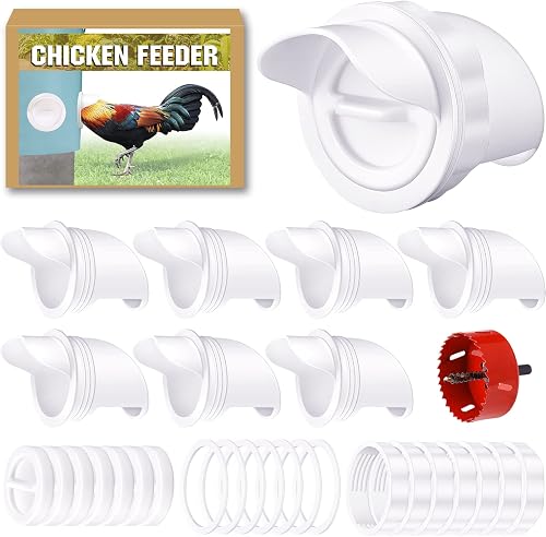 DIY No Waste Chicken & Poultry Feeder, 8-Port Gravity Feed Kit with Covers & Hole Saw, Automatic Self-Feeder for Buckets Barrels Bins Troughs Stock Tanks, BPA-Free for Chickens, Ducks, Geese & More