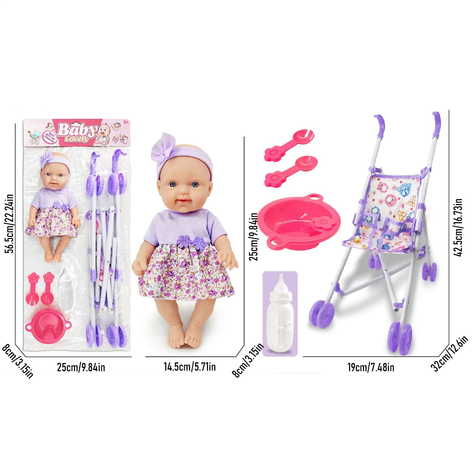 Cochecito - Accesorios para bebé Juego Realista, Juego de muñecas de 10 Pulgadas, de imitación Infantil | Kit s para niña niño 3+ años Juego rol
