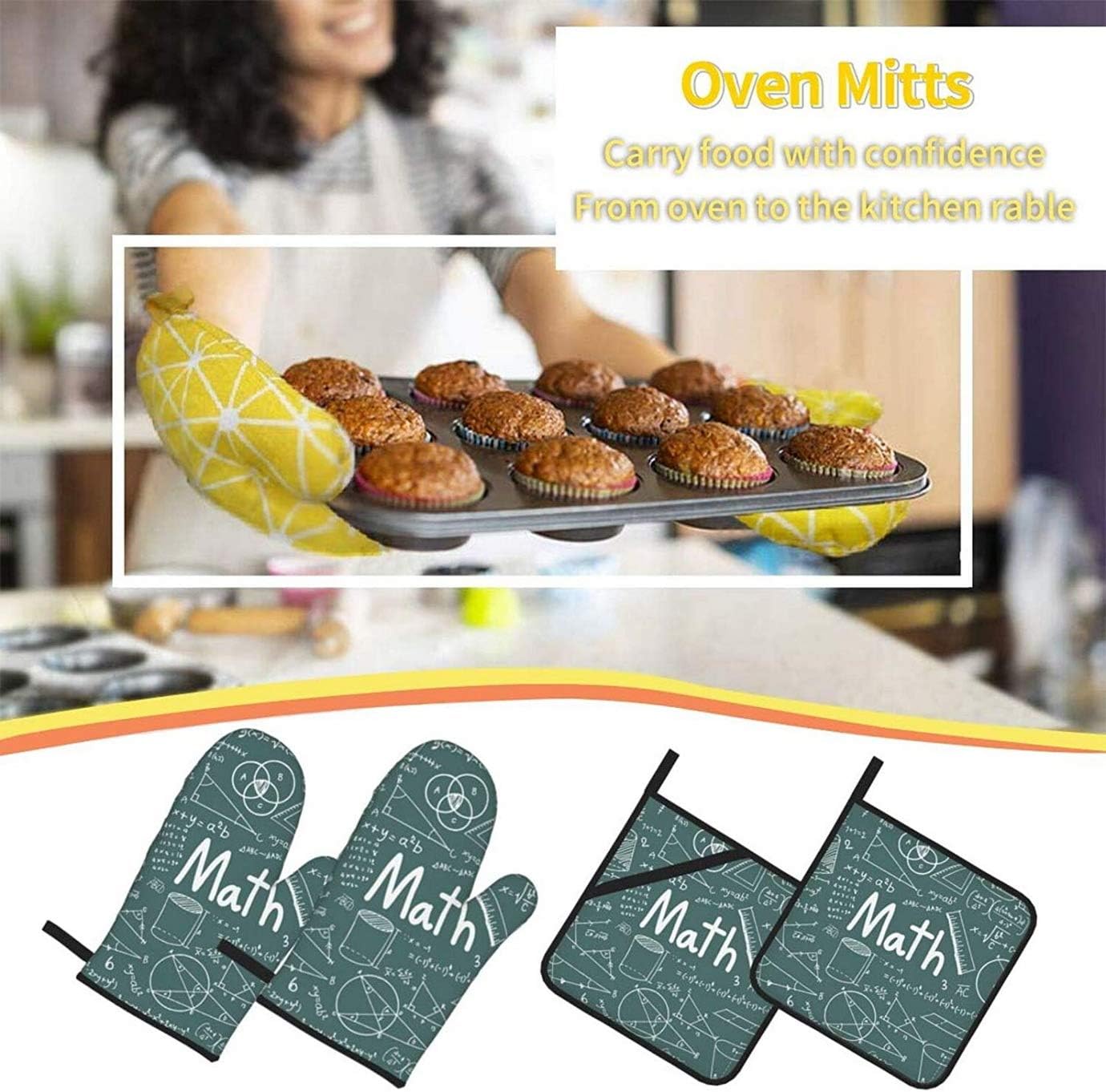 Math Theory Mathematical Formula Equation Oven Mitts and Potholders Kitchen Set 4 Pcs, Heat Resistant Oven Gloves Pot Holders for BBQ Baking Grilling