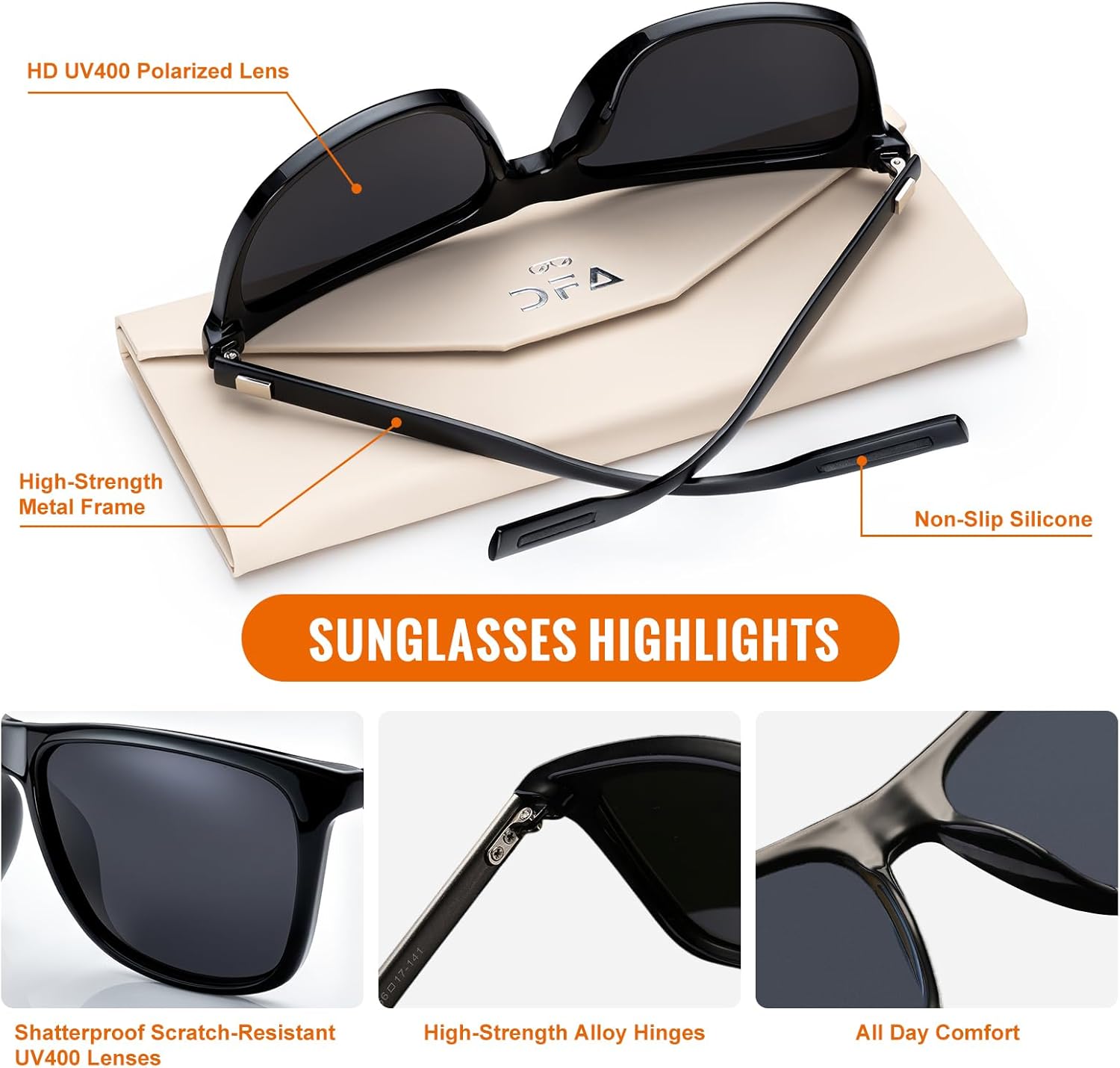Polarized Metal Frame Sunglasses for Men Women,UV400 Protection,Square Black Sun Glasses Driving Fishing With Case - Image 4
