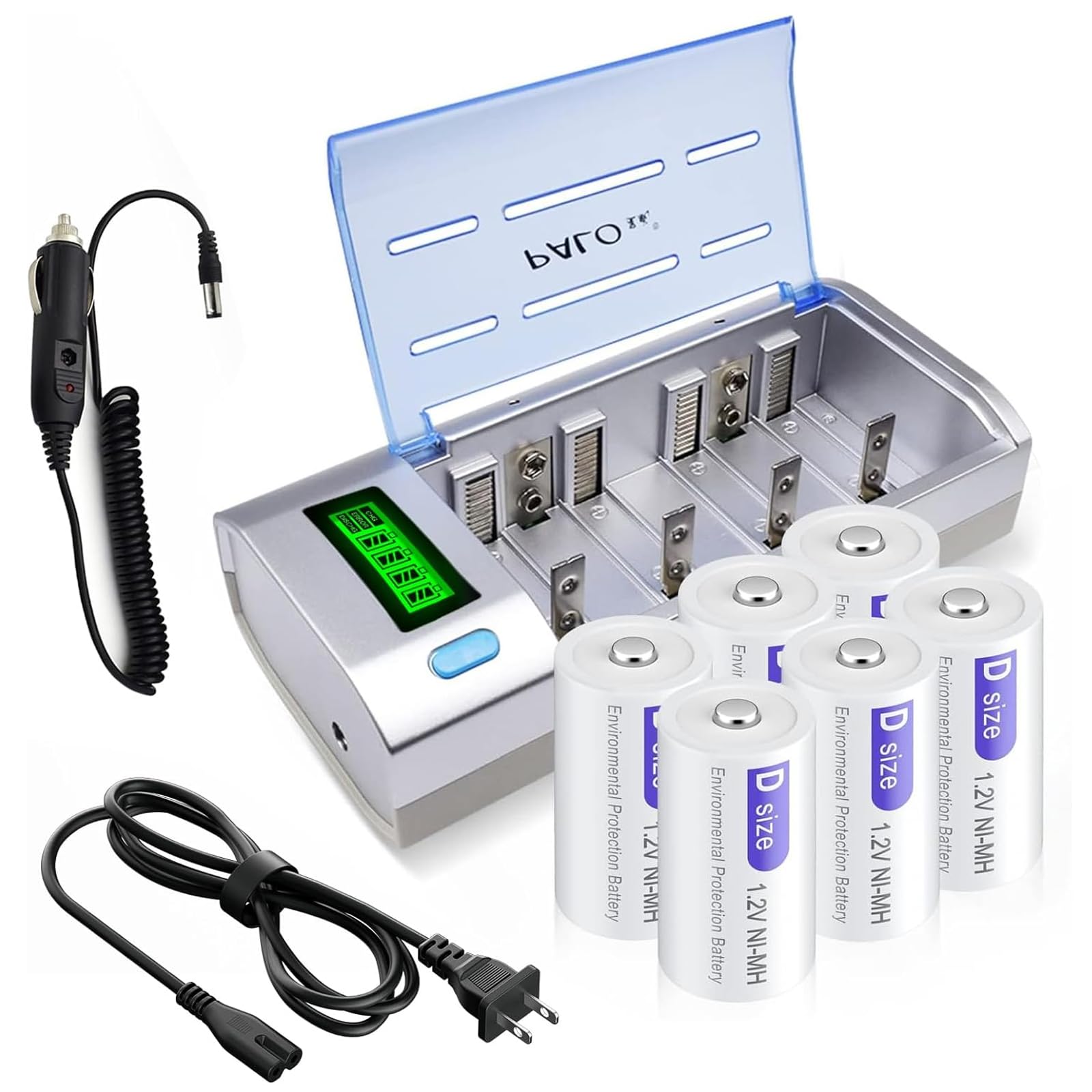 Lot de 6 piles rechargeables D 1,2 V 8000 mAh NiMH avec chargeur de batterie LCD universel pour piles rechargeables AA AAA C D 9 V NiMH NiCD avec fonction de décharge