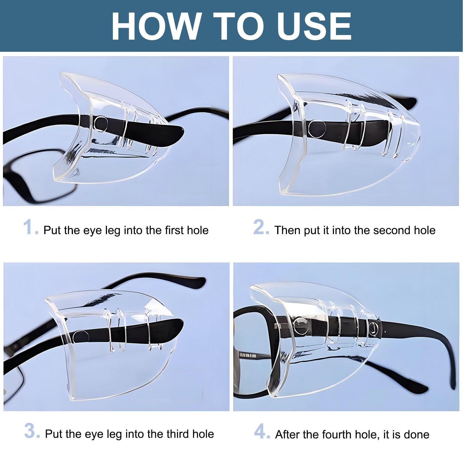 4 Pairs Side Shields, Safety Glasses Side Shields, Shields Slip on Clear Side Shields, Flexible Slip on Side Shield, Added More Protection to Eyes, Suitable for lens legs up to 12mm wide(Transparent) - Image 4