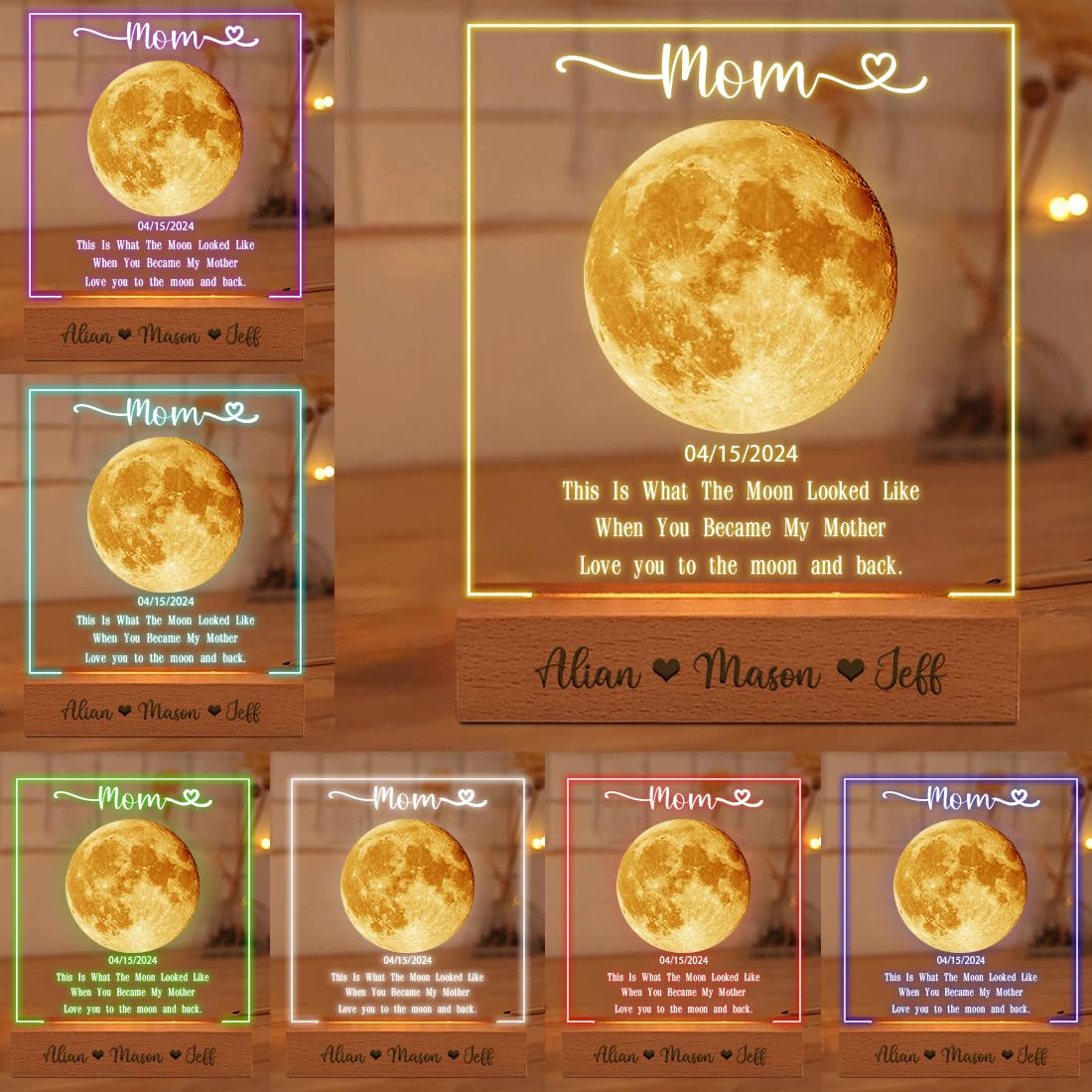 ASD Jewerly Personalized Moon Phase Night Light, Custom The Day You Became My Mom Moon Picture Phases Frame, Art Deco Style, Acrylic Material